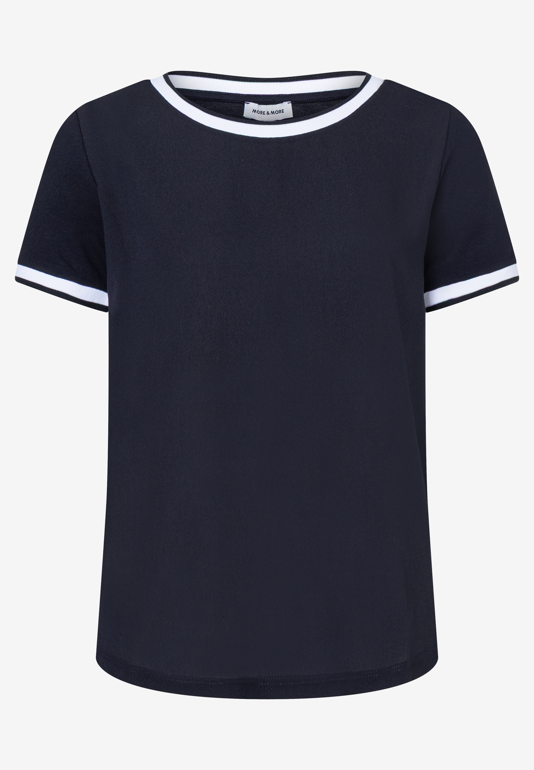 Ein marineblaues T-Shirt von MORE & MORE mit weißen Bündchen an Hals und Ärmeln. Ein marineblaues T-Shirt von MORE & MORE mit weißen Bündchen an Hals und Ärmeln.