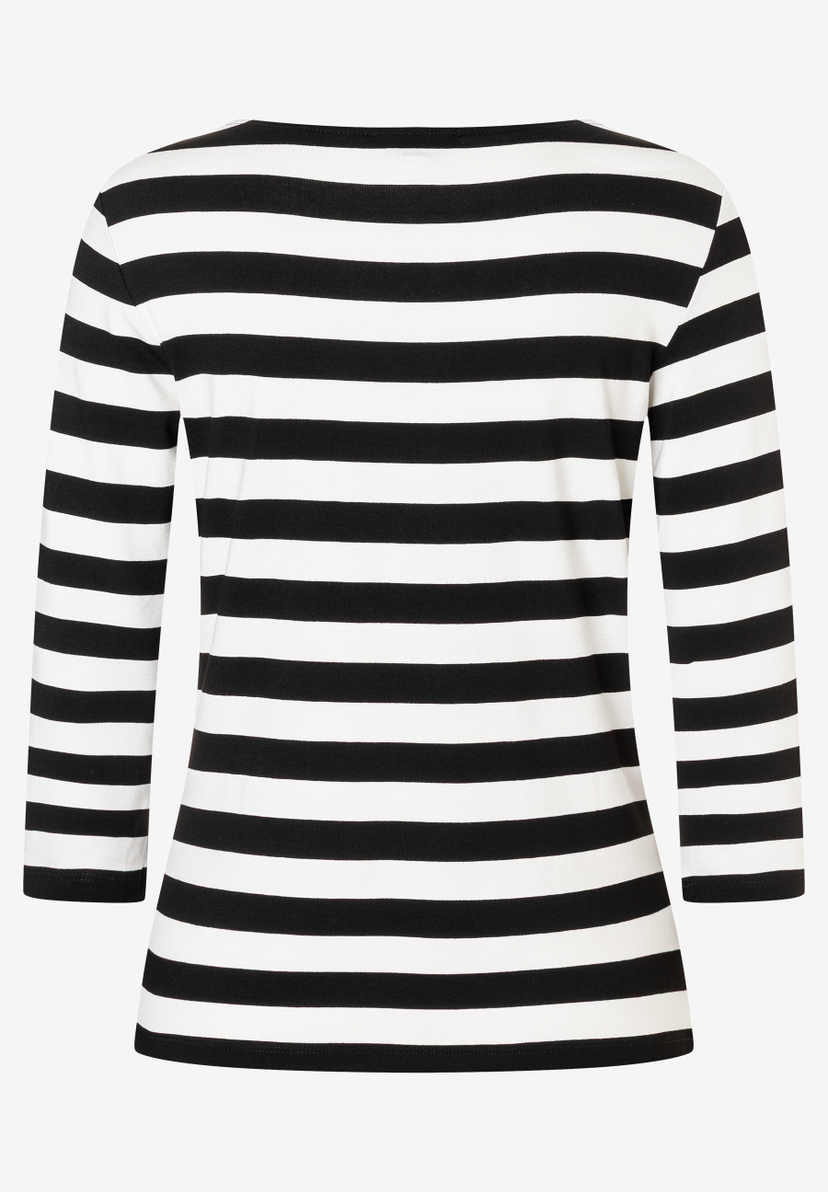 Ein MORE & MORE Oberteil mit schwarzen und weißen Streifen, Jersey-Material und 3/4-Ärmeln. Ein MORE & MORE Oberteil mit schwarzen und weißen Streifen, Jersey-Material und 3/4-Ärmeln.