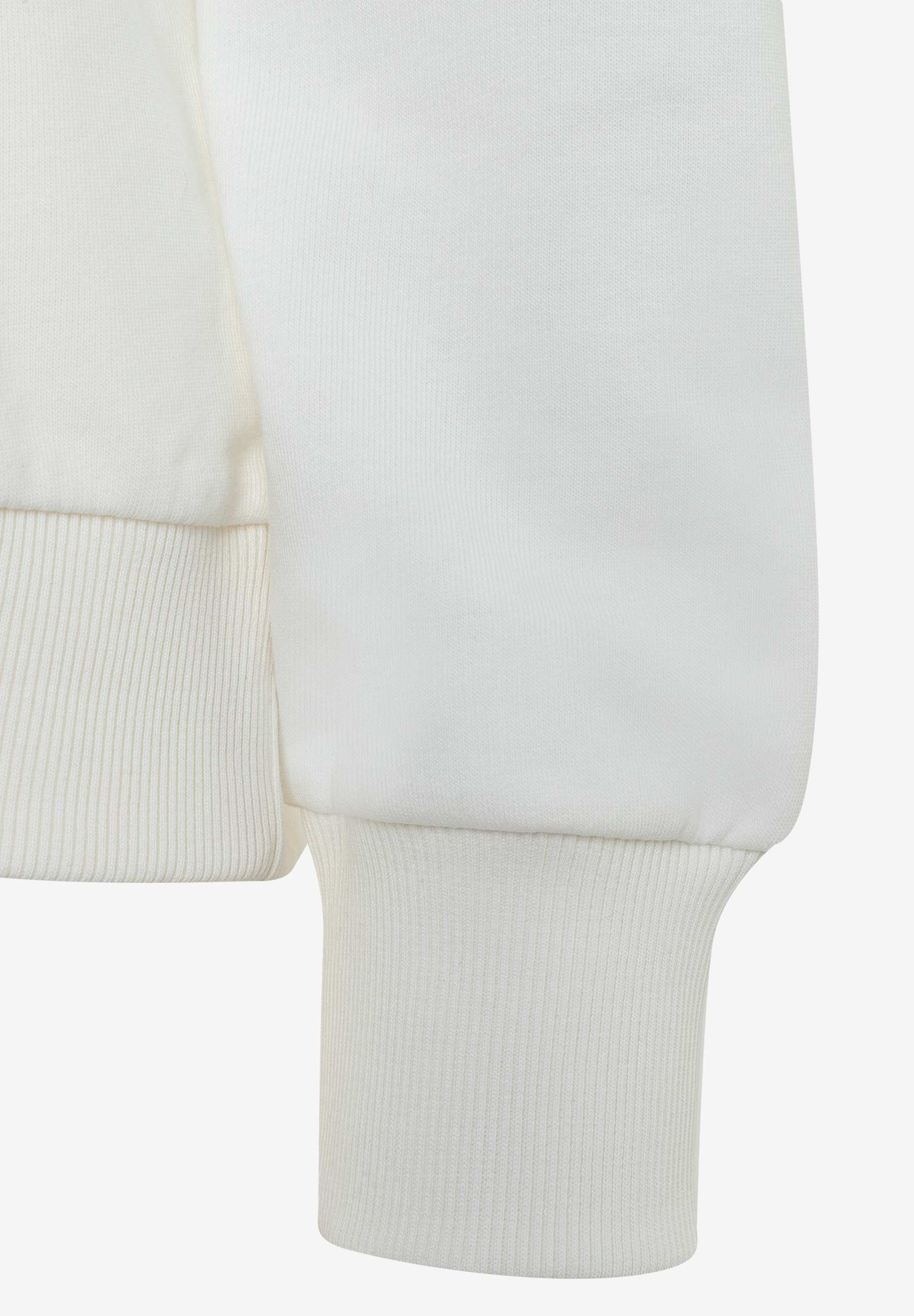 Detailansicht Ärmel eines MORE & MORE Sweatshirts in Weiß. Angenehmer Tragekomfort und elastisch. Detailansicht Ärmel eines MORE & MORE Sweatshirts in Weiß. Angenehmer Tragekomfort und elastisch.