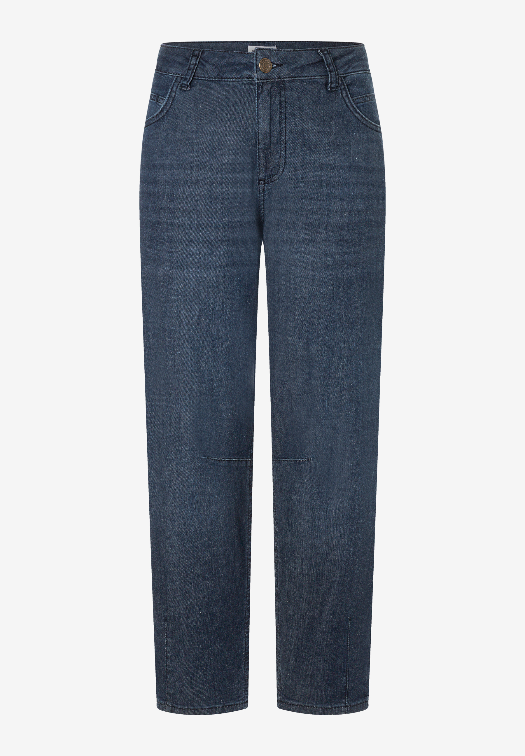MORE & MORE Jeans, dunkelblau, mit hohem Bund und Knopfverschluss, zwei Vordertaschen und geradem Bein.