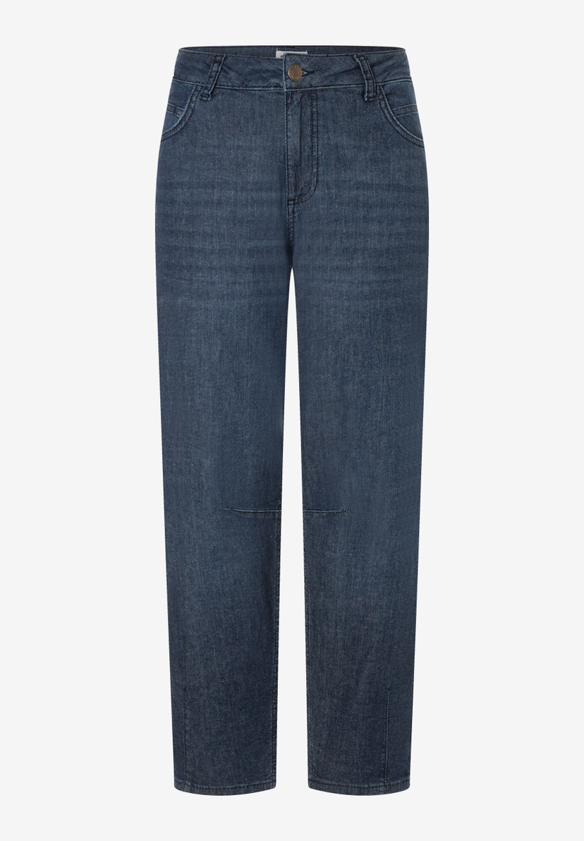 MORE & MORE Jeans, dunkelblau, mit hohem Bund und Knopfverschluss, zwei Vordertaschen und geradem Bein.