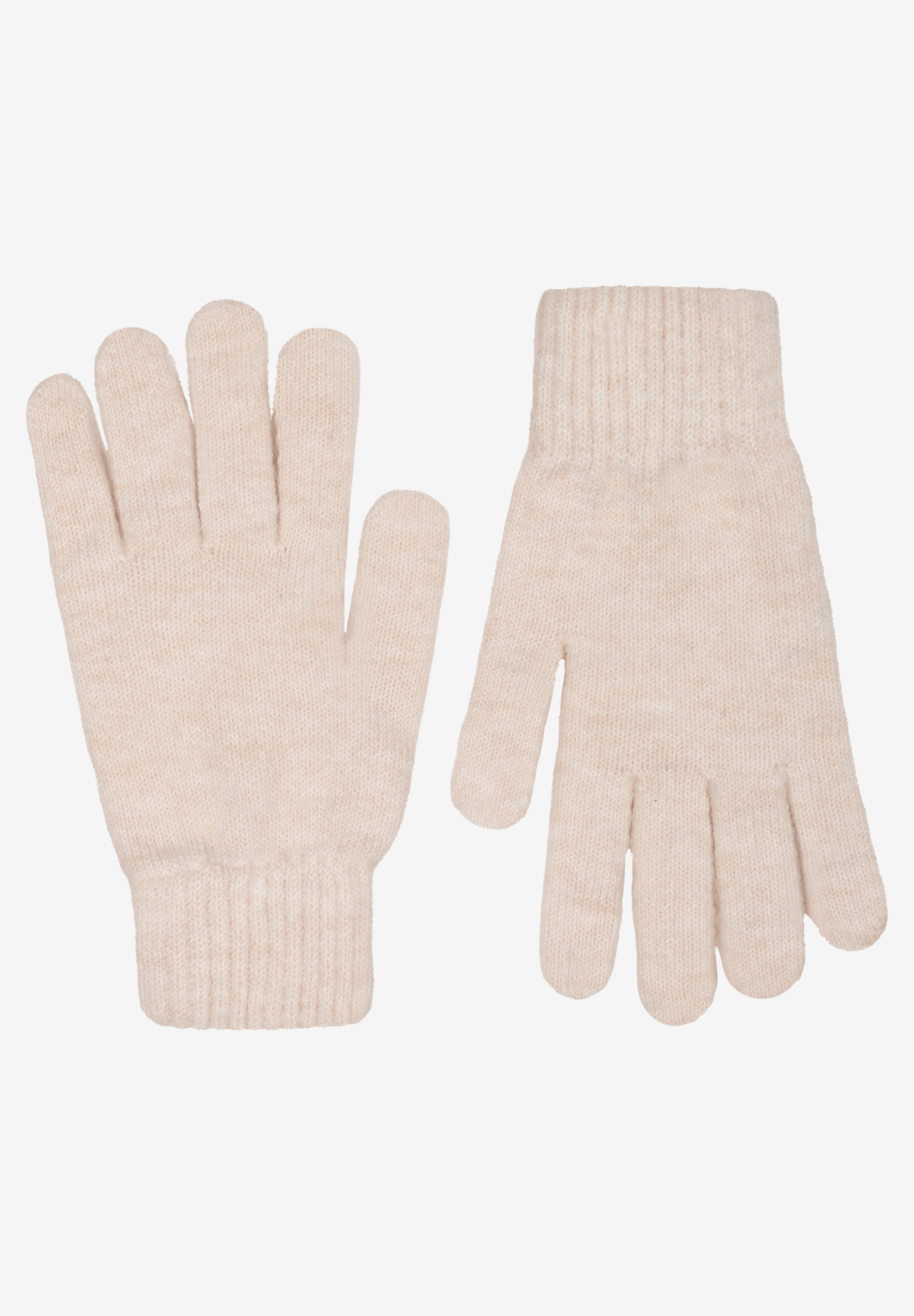 Ein Paar MORE & MORE Handschuhe in Wollweiß vor neutralem Hintergrund. Ein Paar MORE & MORE Handschuhe in Wollweiß vor neutralem Hintergrund.