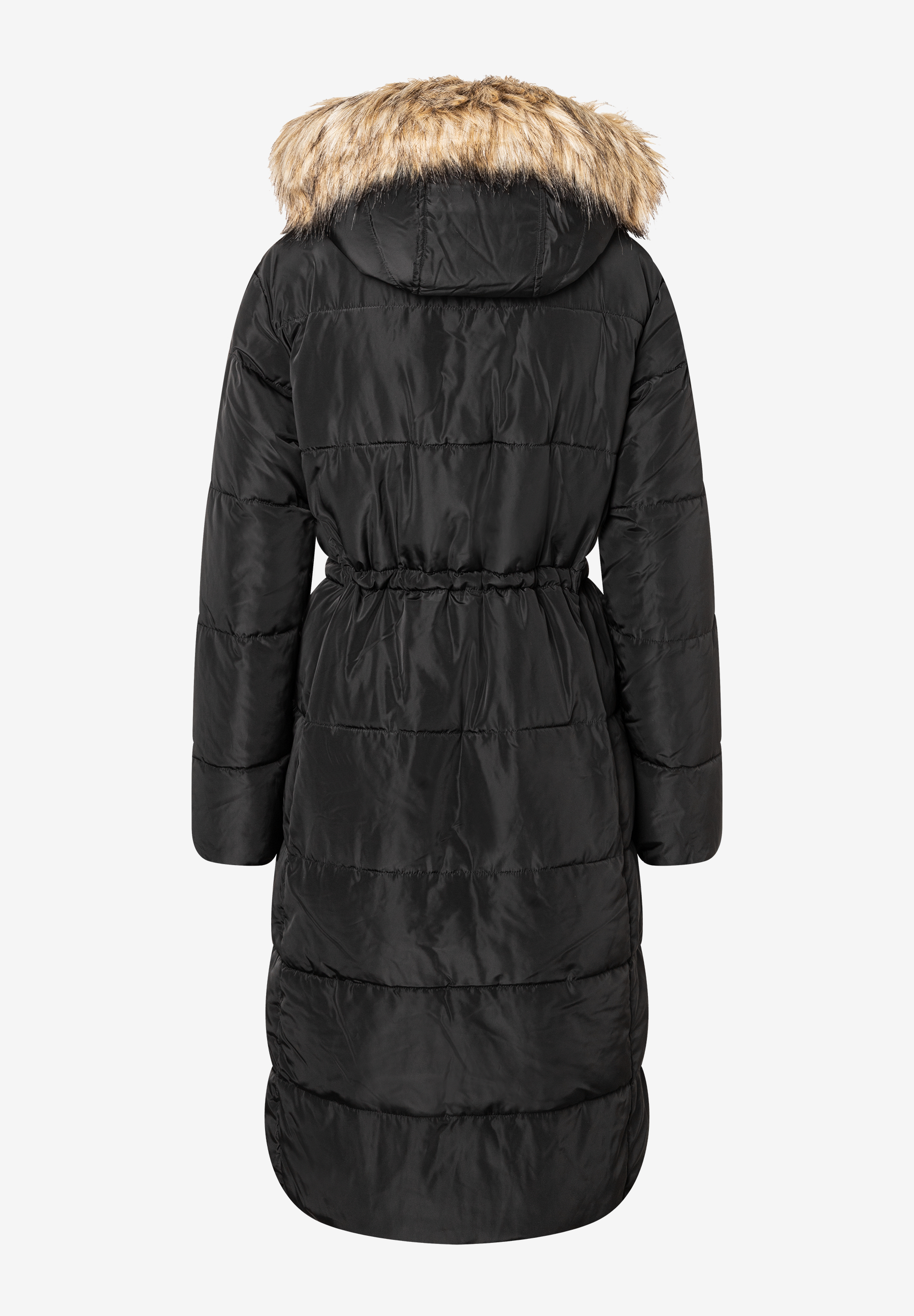 Rückansicht einer schwarzen, warmen MORE & MORE Webware-Jacke mit Fellkapuze und Taillenzug. Rückansicht einer schwarzen, warmen MORE & MORE Webware-Jacke mit Fellkapuze und Taillenzug.