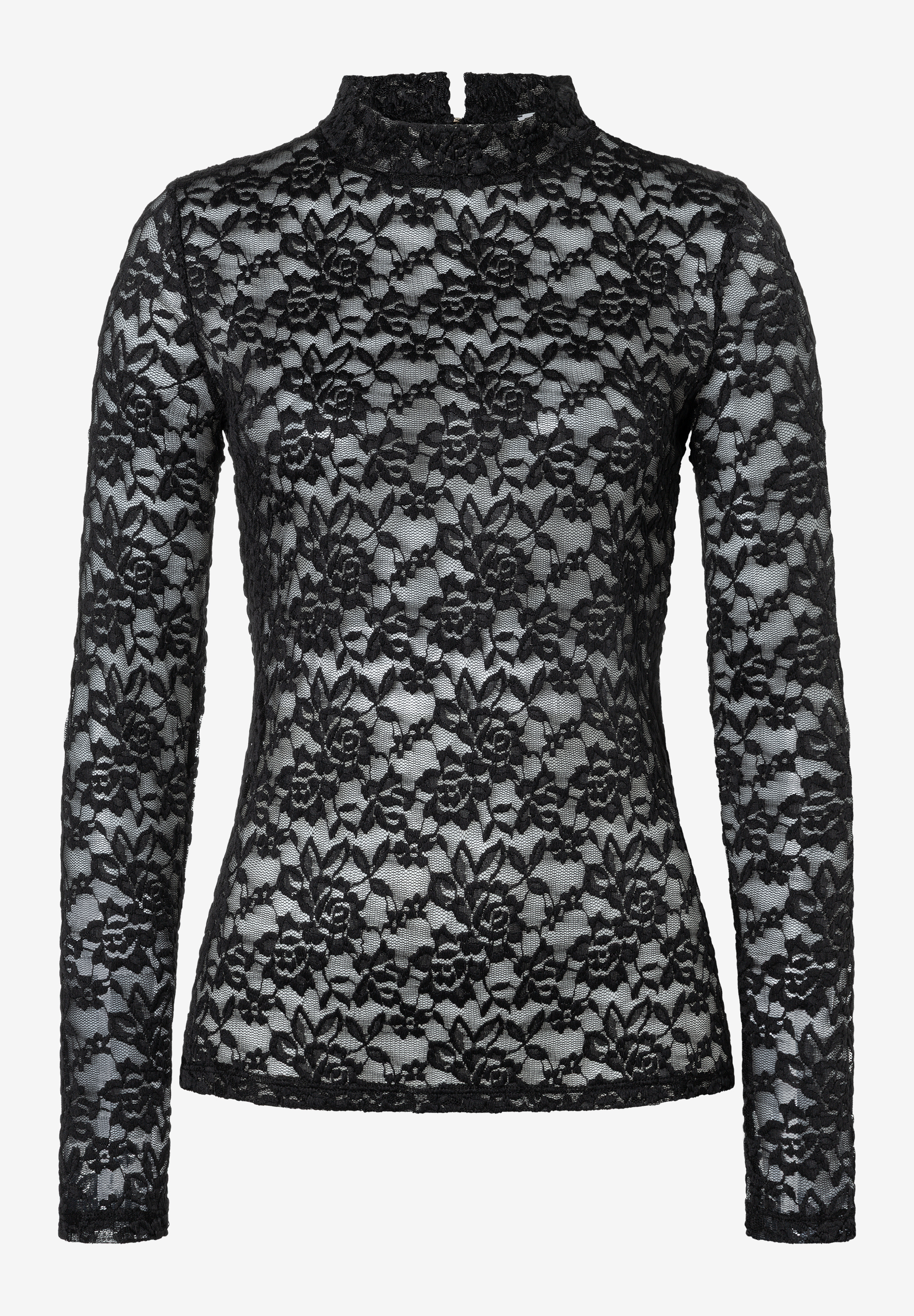 MORE & MORE Damen T-Shirt aus schwarzer Spitze mit langen Ärmeln und Stehkragen
