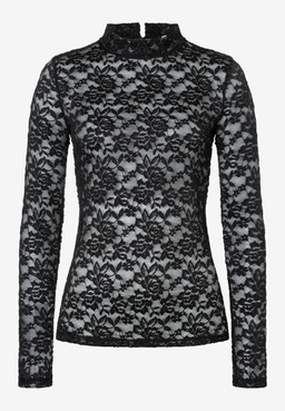 MORE & MORE Damen T-Shirt aus schwarzer Spitze mit langen Ärmeln und Stehkragen