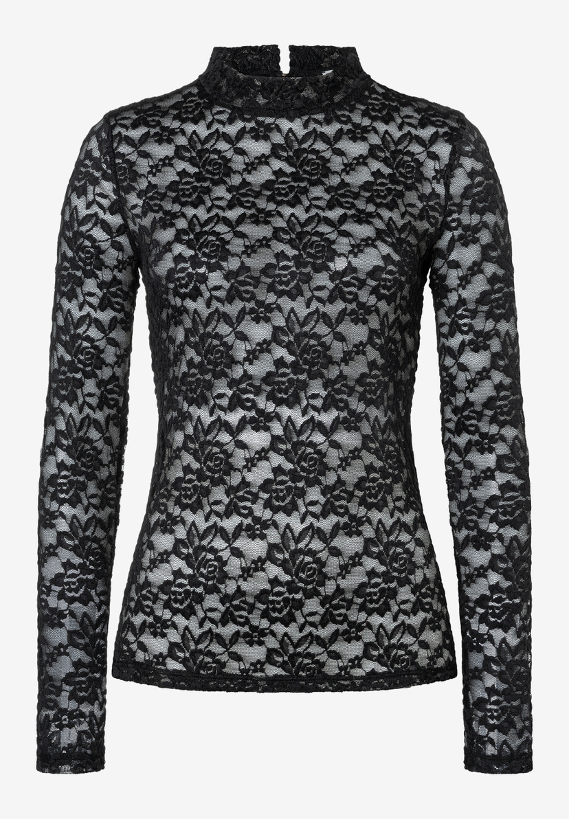 MORE & MORE schwarzes Spitzen-Langarmshirt mit Rollkragen und Blumenmuster, auf weißem Hintergrund. MORE & MORE schwarzes Spitzen-Langarmshirt mit Rollkragen und Blumenmuster, auf weißem Hintergrund.