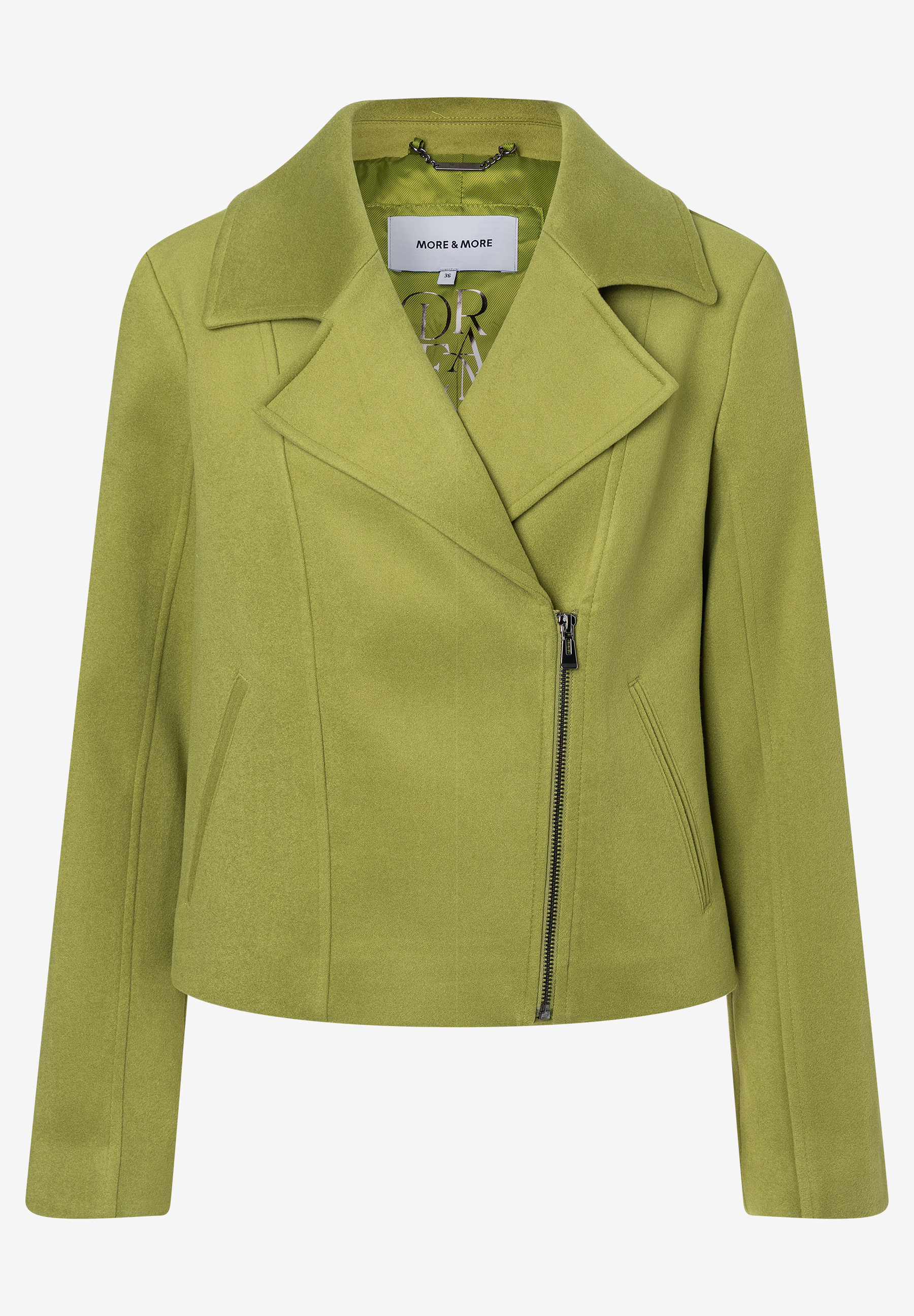 Eine hellgrüne MORE & MORE Webware-Jacke mit schrägem Reißverschluss bietet angenehmen Tragekomfort. Eine hellgrüne MORE & MORE Webware-Jacke mit schrägem Reißverschluss bietet angenehmen Tragekomfort.