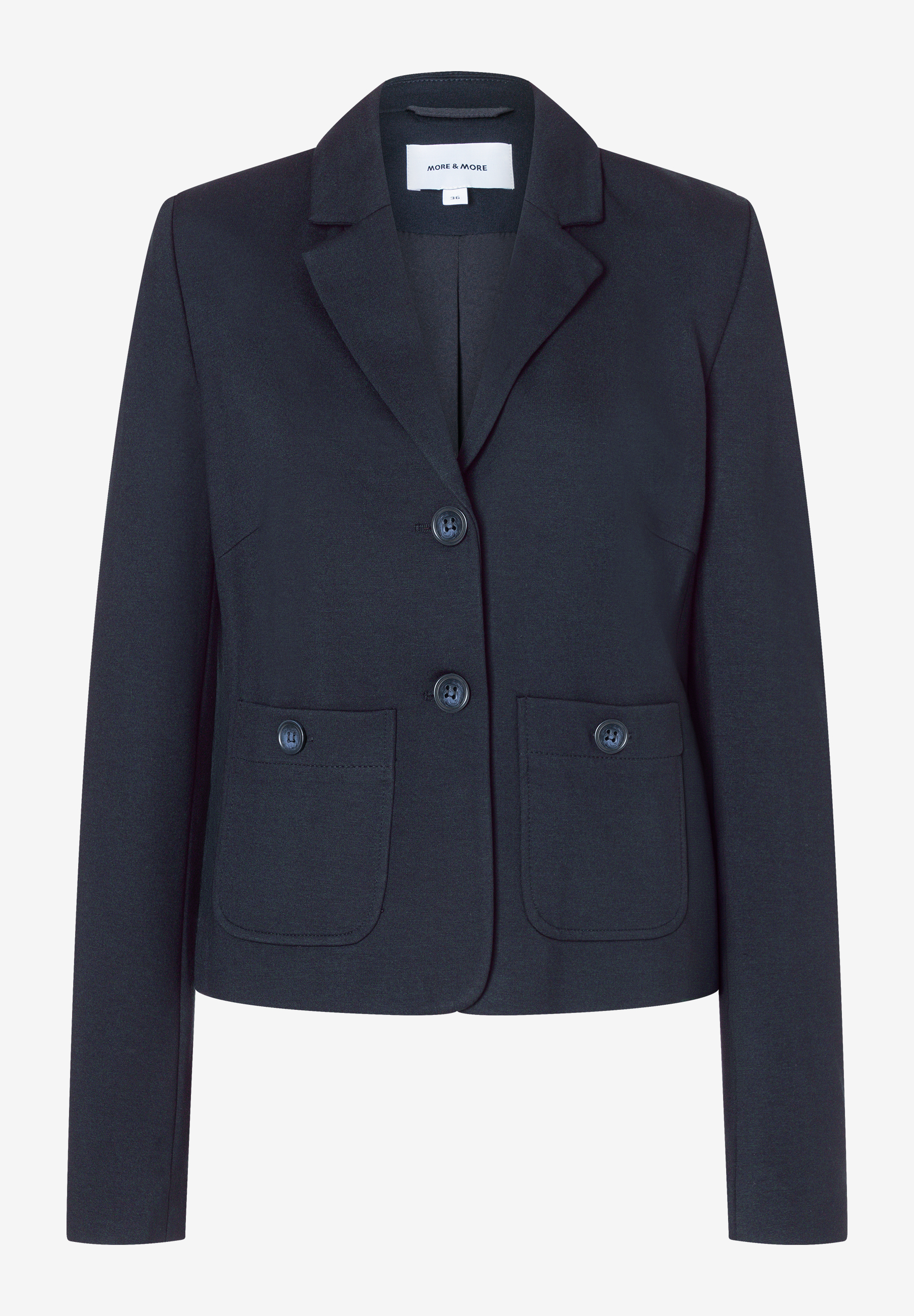 MORE & MORE Kurzblazer aus Jersey in Dunkelblau, mit Knöpfen und zwei aufgesetzten Taschen vorne. MORE & MORE Kurzblazer aus Jersey in Dunkelblau, mit Knöpfen und zwei aufgesetzten Taschen vorne.