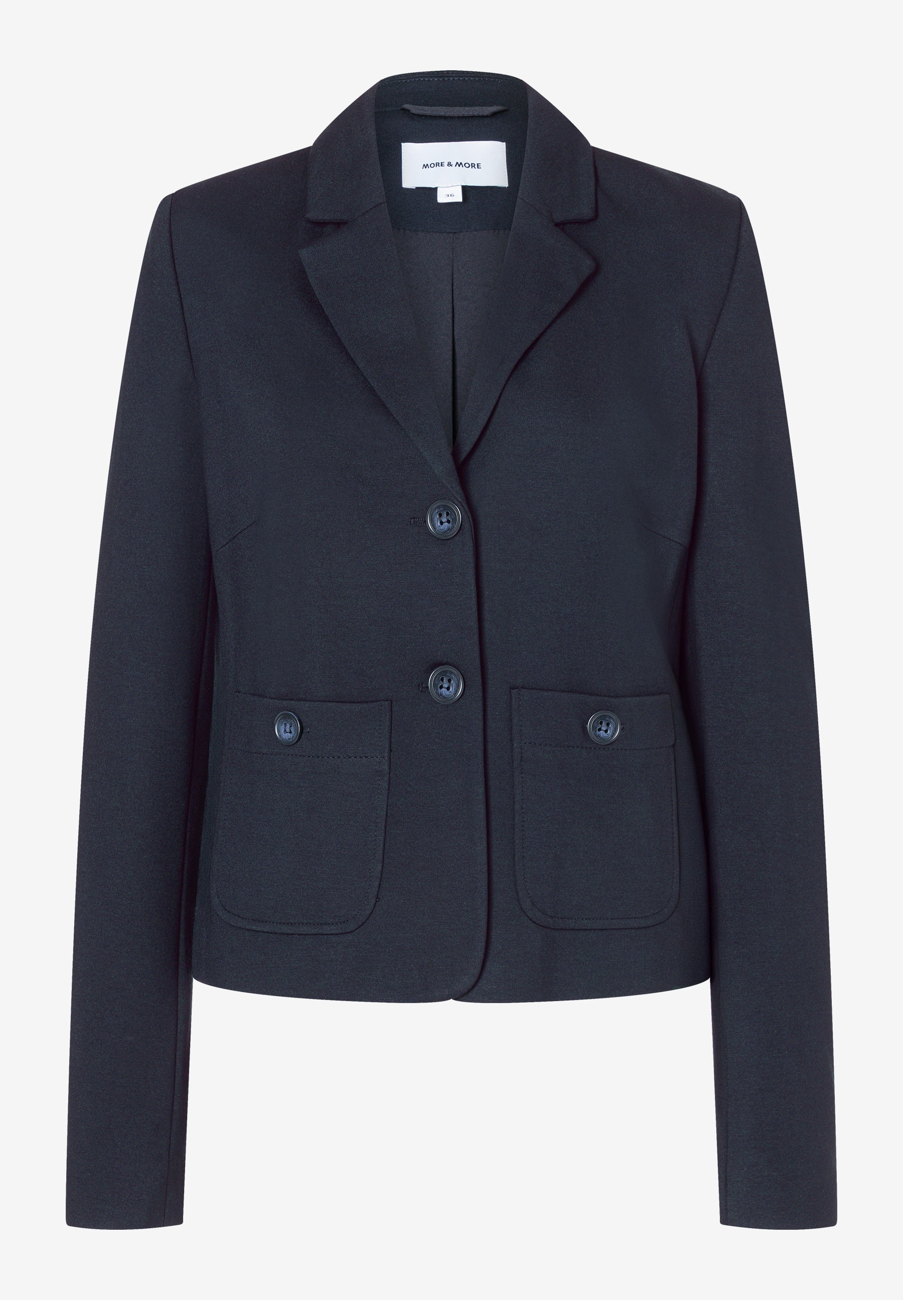 MORE & MORE Kurzblazer aus Jersey in Dunkelblau, mit Knöpfen und zwei aufgesetzten Taschen vorne. MORE & MORE Kurzblazer aus Jersey in Dunkelblau, mit Knöpfen und zwei aufgesetzten Taschen vorne.