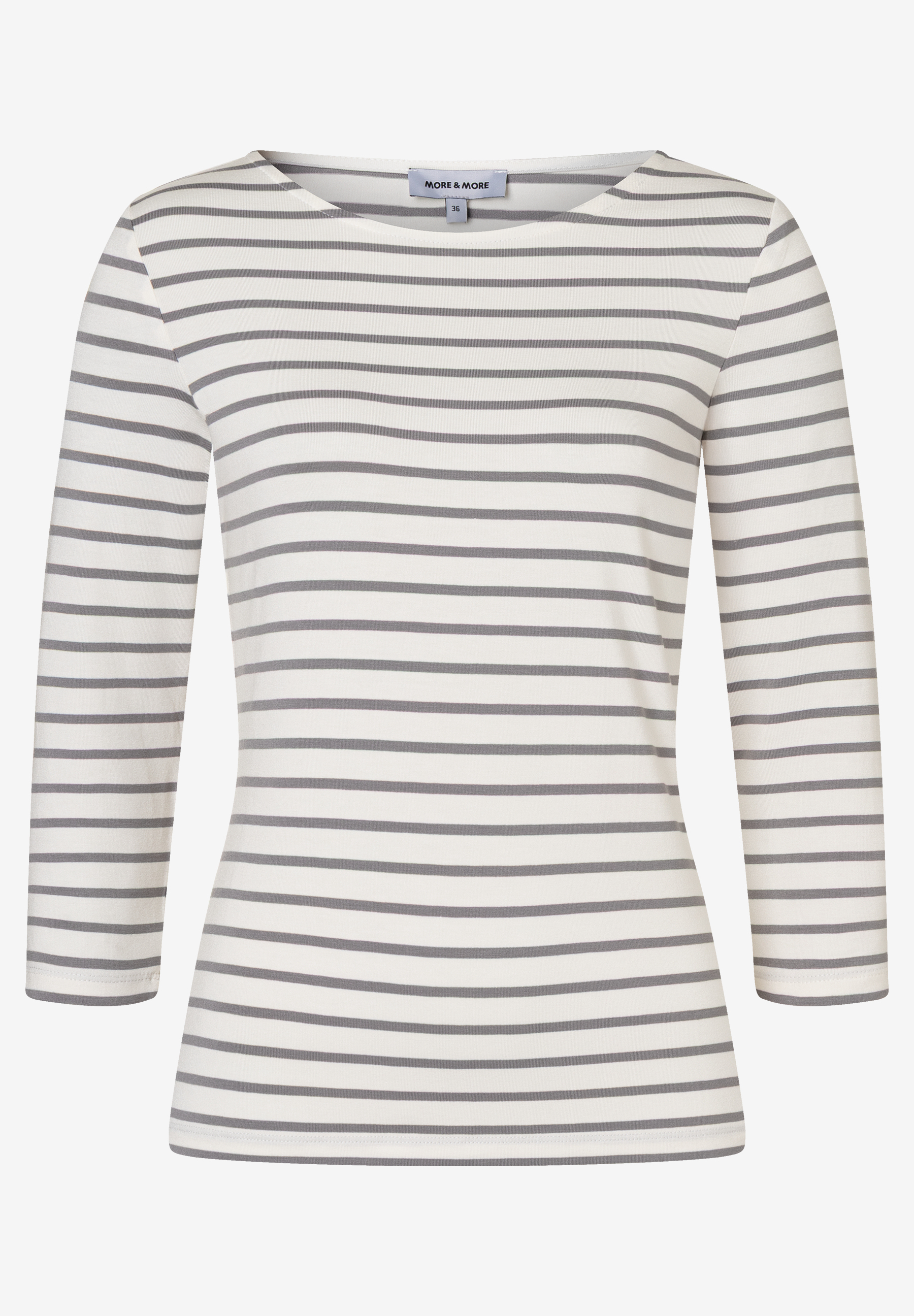 Ein MORE & MORE T-Shirt-Top mit grau-weißen Streifen und Dreiviertelärmeln. Ein MORE & MORE T-Shirt-Top mit grau-weißen Streifen und Dreiviertelärmeln.