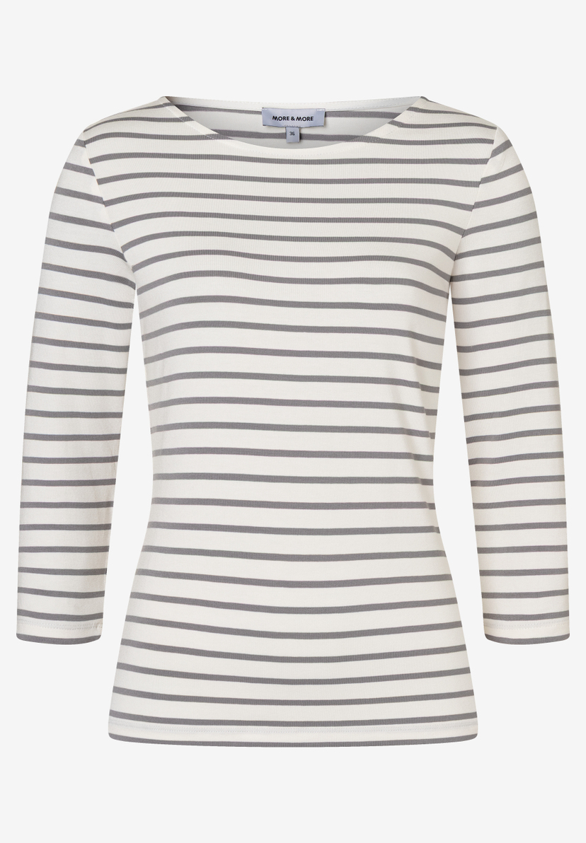 Ein MORE & MORE T-Shirt-Top mit grau-weißen Streifen und Dreiviertelärmeln. Ein MORE & MORE T-Shirt-Top mit grau-weißen Streifen und Dreiviertelärmeln.
