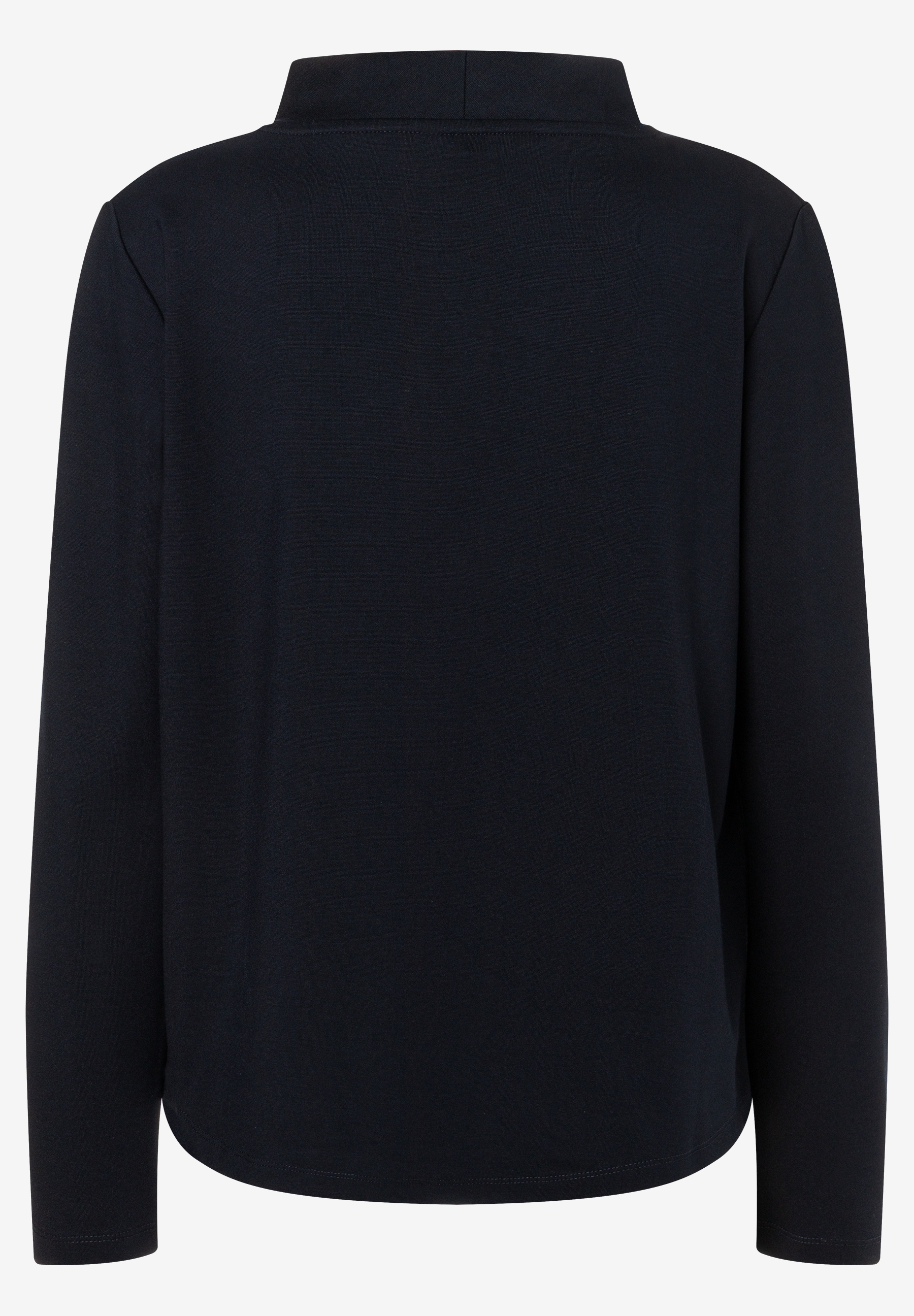 MORE & MORE Damen-Sweatshirt, dunkelblau, hinten, mit Stehkragen und langen Ärmeln auf hellem Hintergrund.