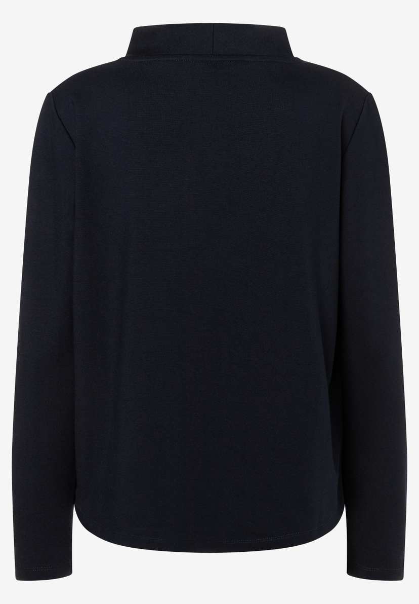 MORE & MORE Damen-Sweatshirt, dunkelblau, hinten, mit Stehkragen und langen Ärmeln auf hellem Hintergrund.