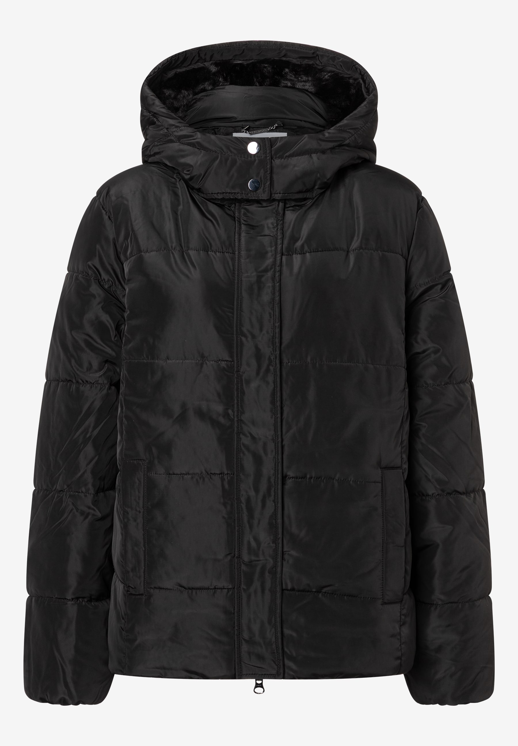 Eine schwarze MORE & MORE Jacke mit Kapuze und Knopfverschluss, ideal für Oberteile und Jacken. Eine schwarze MORE & MORE Jacke mit Kapuze und Knopfverschluss, ideal für Oberteile und Jacken.