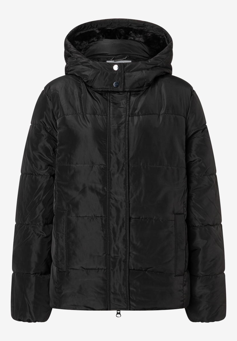 Eine schwarze MORE & MORE Jacke mit Kapuze und Knopfverschluss, ideal für Oberteile und Jacken. Eine schwarze MORE & MORE Jacke mit Kapuze und Knopfverschluss, ideal für Oberteile und Jacken.