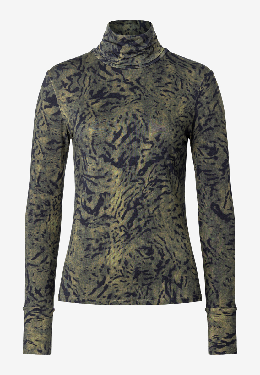 MORE & MORE Damen Rollkragenshirt in Grün mit schwarzem, abstraktem Muster und langen Ärmeln. MORE & MORE Damen Rollkragenshirt in Grün mit schwarzem, abstraktem Muster und langen Ärmeln.
