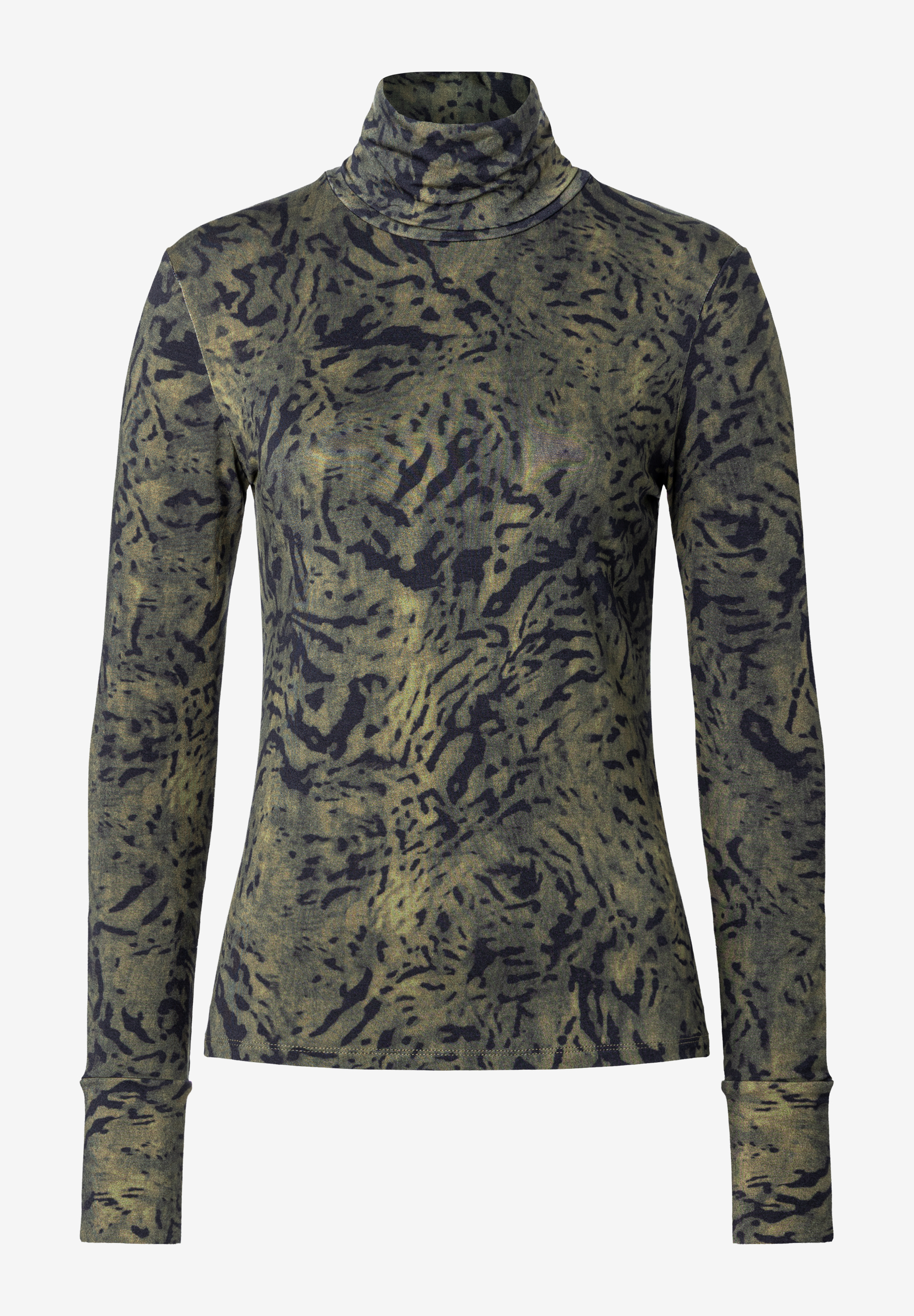 MORE & MORE Damen Rollkragenshirt in Grün mit schwarzem, abstraktem Muster und langen Ärmeln. MORE & MORE Damen Rollkragenshirt in Grün mit schwarzem, abstraktem Muster und langen Ärmeln.