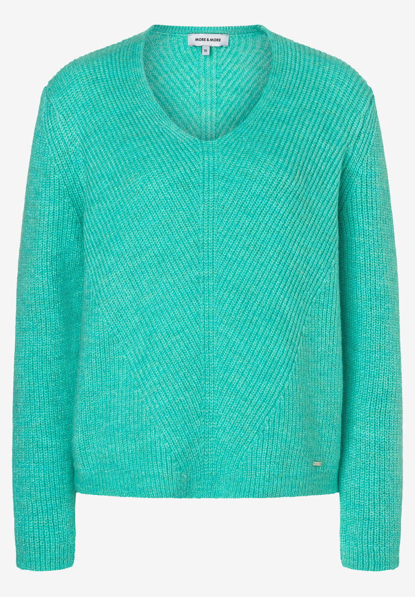 Türkisgrüner Rippstrick-Pullover mit V-Ausschnitt von MORE & MORE. Türkisgrüner Rippstrick-Pullover mit V-Ausschnitt von MORE & MORE.