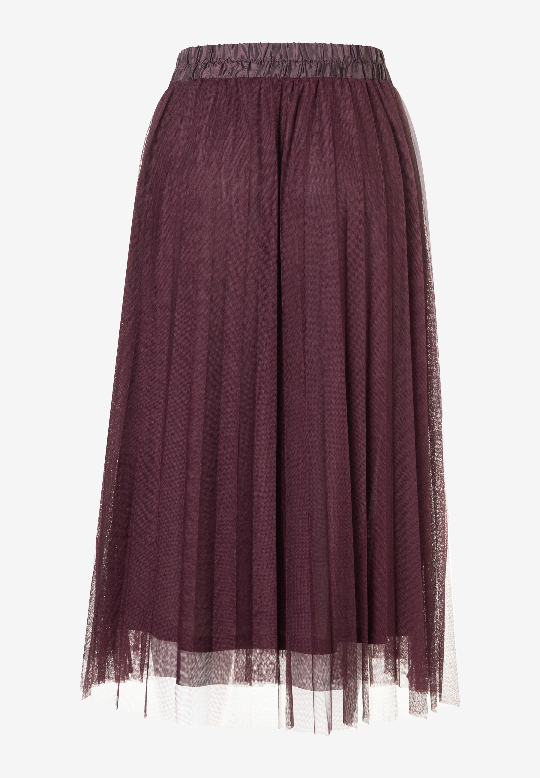 Ein elastischer MORE & MORE Rock aus Mesh-Material in Aubergine mit Faltenwurf. Ein elastischer MORE & MORE Rock aus Mesh-Material in Aubergine mit Faltenwurf.