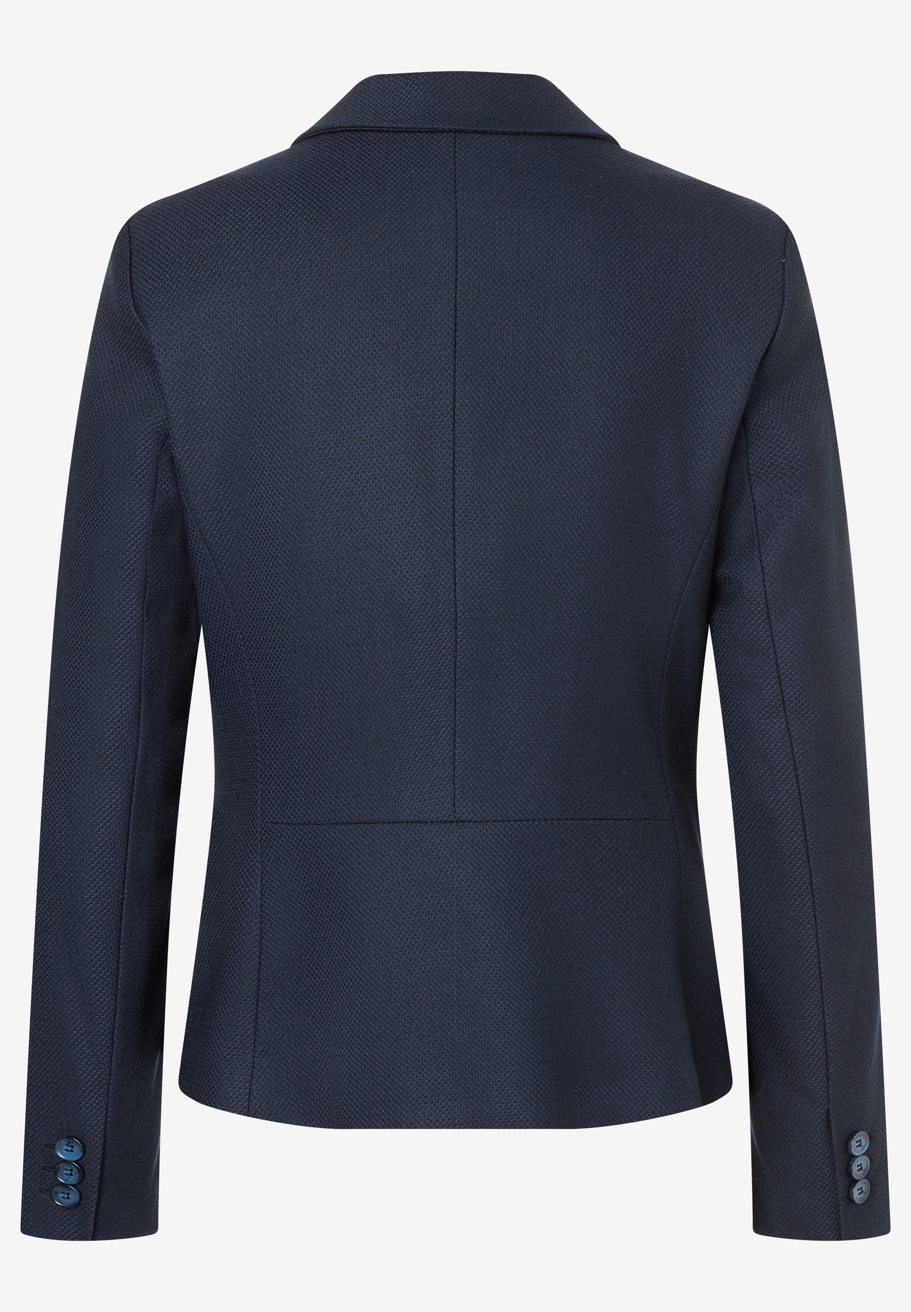 Die Rückansicht eines marineblauen MORE & MORE Blazers mit Knöpfen am Ärmel. Die Rückansicht eines marineblauen MORE & MORE Blazers mit Knöpfen am Ärmel.