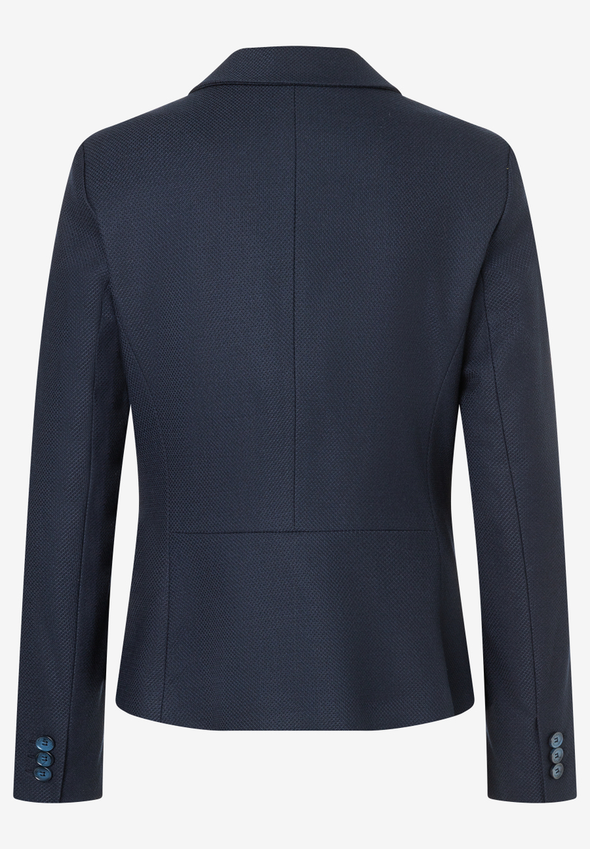 Die Rückansicht eines marineblauen MORE & MORE Blazers mit Knöpfen am Ärmel. Die Rückansicht eines marineblauen MORE & MORE Blazers mit Knöpfen am Ärmel.