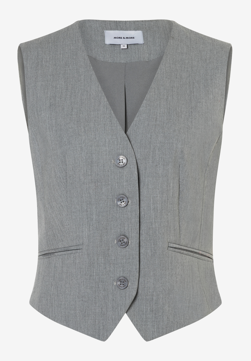 Graue MORE & MORE Weste mit V-Ausschnitt und Knopfleiste. Graue MORE & MORE Weste mit V-Ausschnitt und Knopfleiste.
