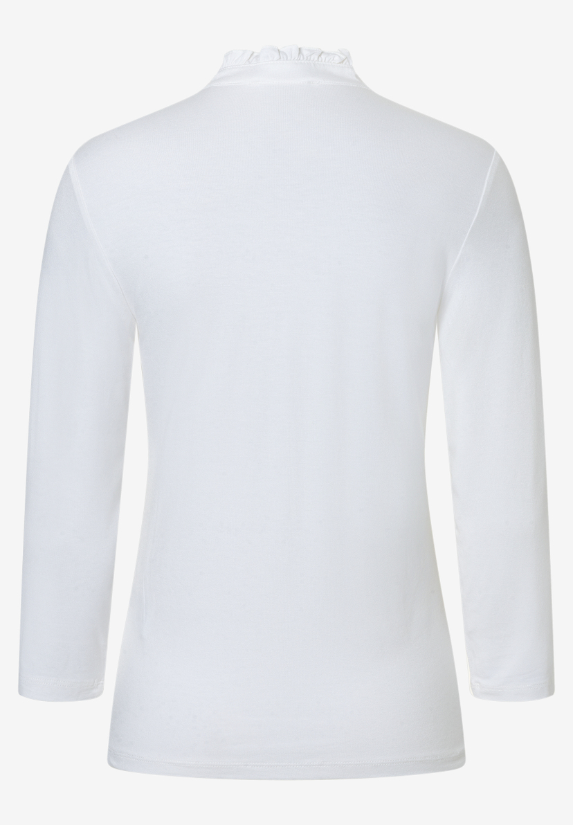 MORE & MORE Damen Langarmshirt in Weiß, Rückansicht. Ein vielseitiges Oberteil mit Rüschenkragen und 3/4-Ärmeln. MORE & MORE Damen Langarmshirt in Weiß, Rückansicht. Ein vielseitiges Oberteil mit Rüschenkragen und 3/4-Ärmeln.