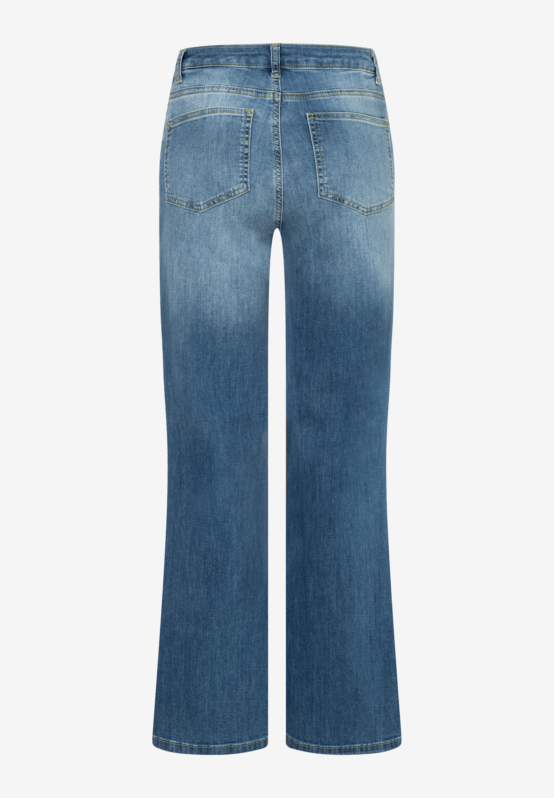 MORE & MORE Jeans: Hinteransicht der blauen Damen-Jeans mit zwei Gesäßtaschen und geradem Bein, heller am Bund.