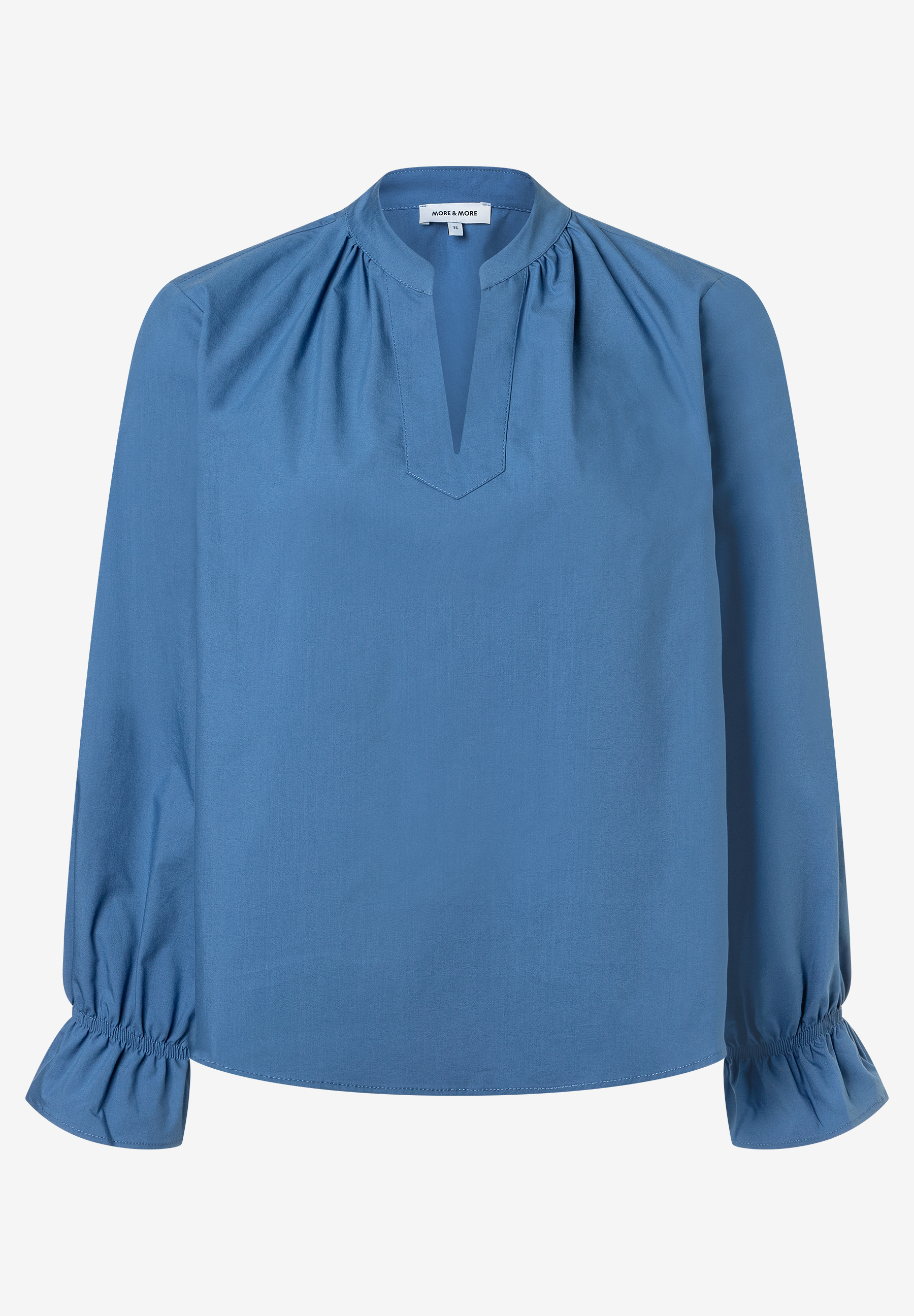Eine blaue MORE & MORE Bluse mit langen Ärmeln und einem V-Ausschnitt ist abgebildet. Eine blaue MORE & MORE Bluse mit langen Ärmeln und einem V-Ausschnitt ist abgebildet.