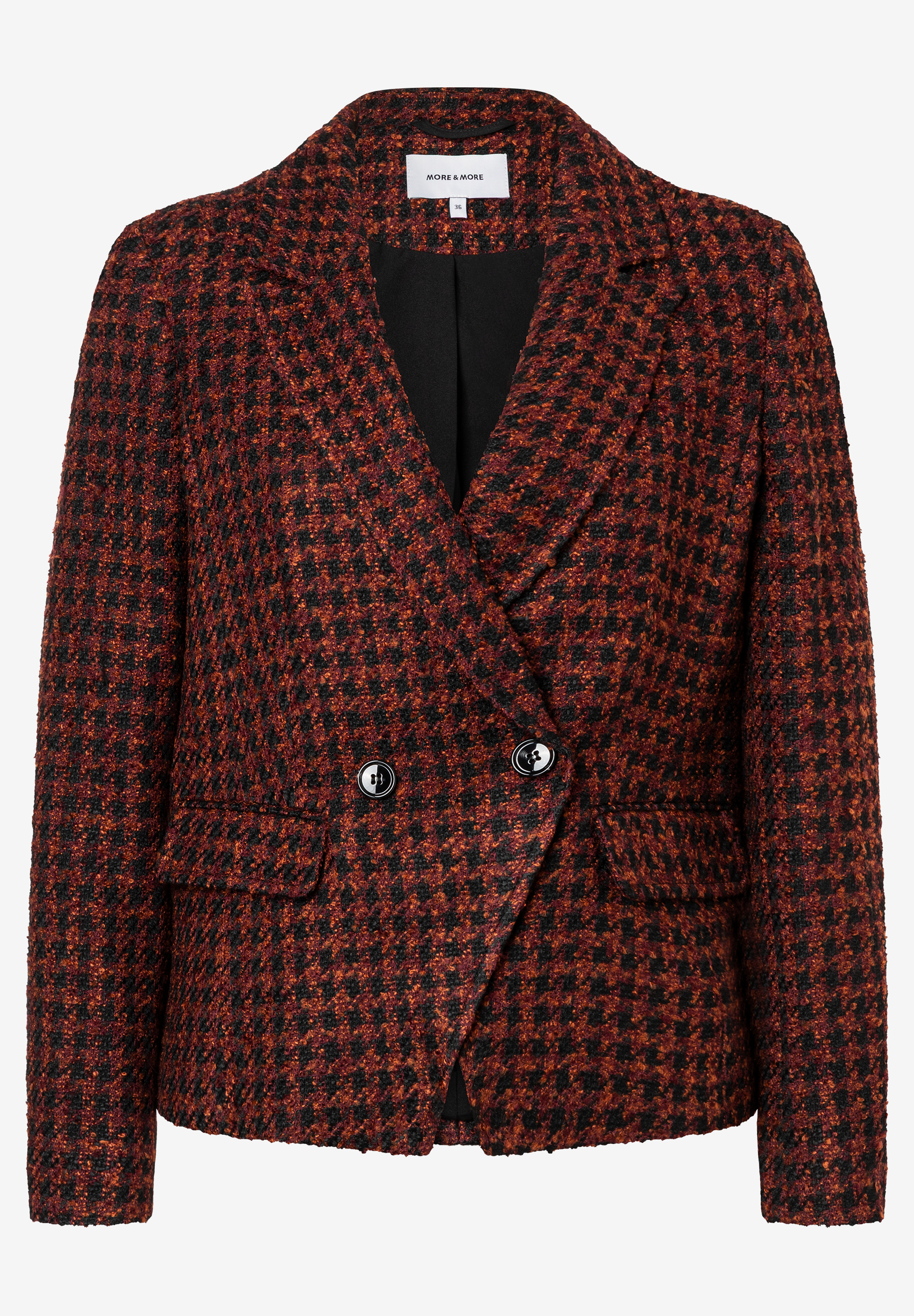 Ein MORE & MORE Blazer, zweireihig, mit braun-schwarzem Hahnentrittmuster und zwei Knöpfen. Ein MORE & MORE Blazer, zweireihig, mit braun-schwarzem Hahnentrittmuster und zwei Knöpfen.