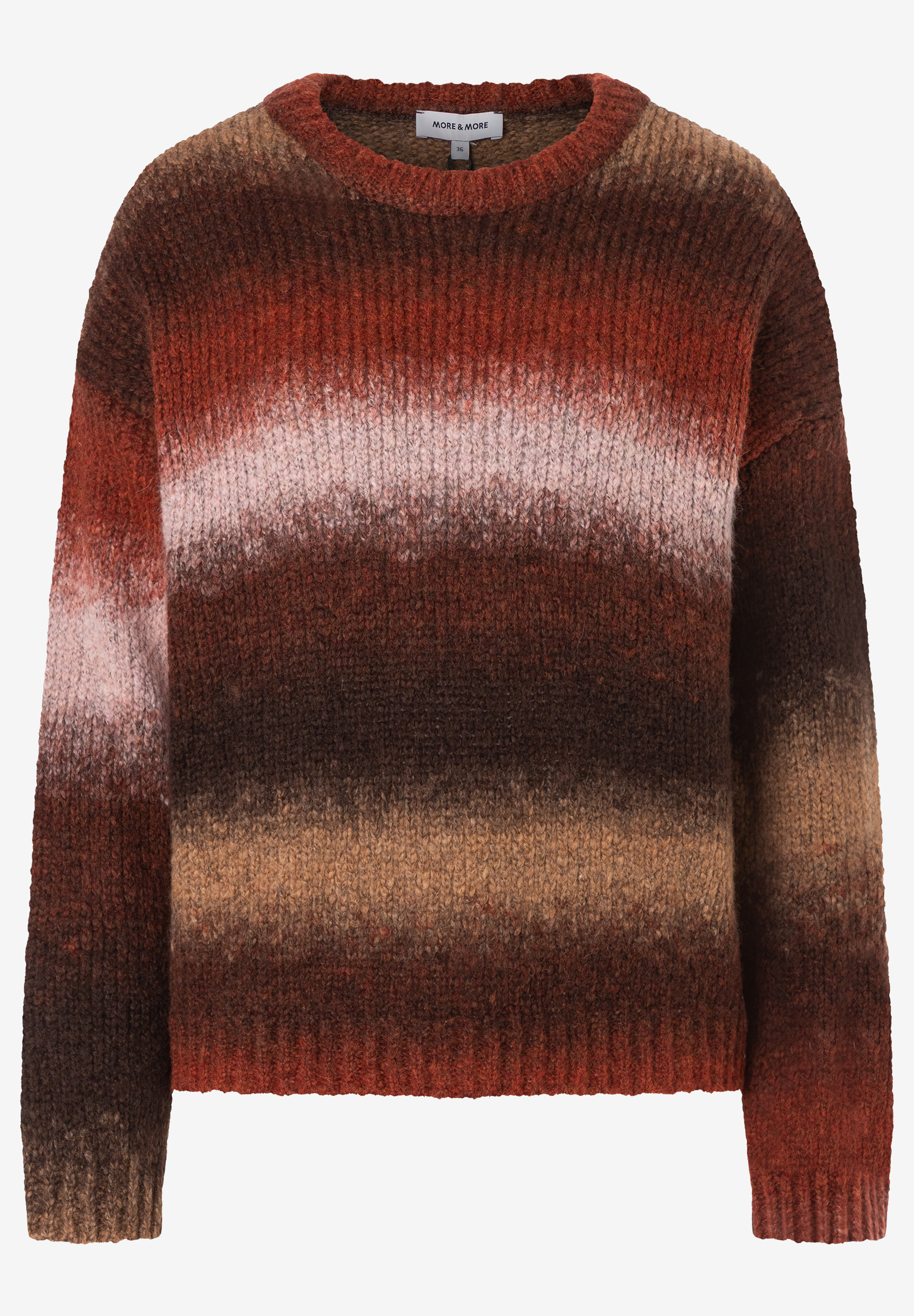 MORE & MORE Pullover mit Streifen-Design in Rostrot, Braun und hellem Rosé. Rundhals, lange Ärmel, grober Strick.