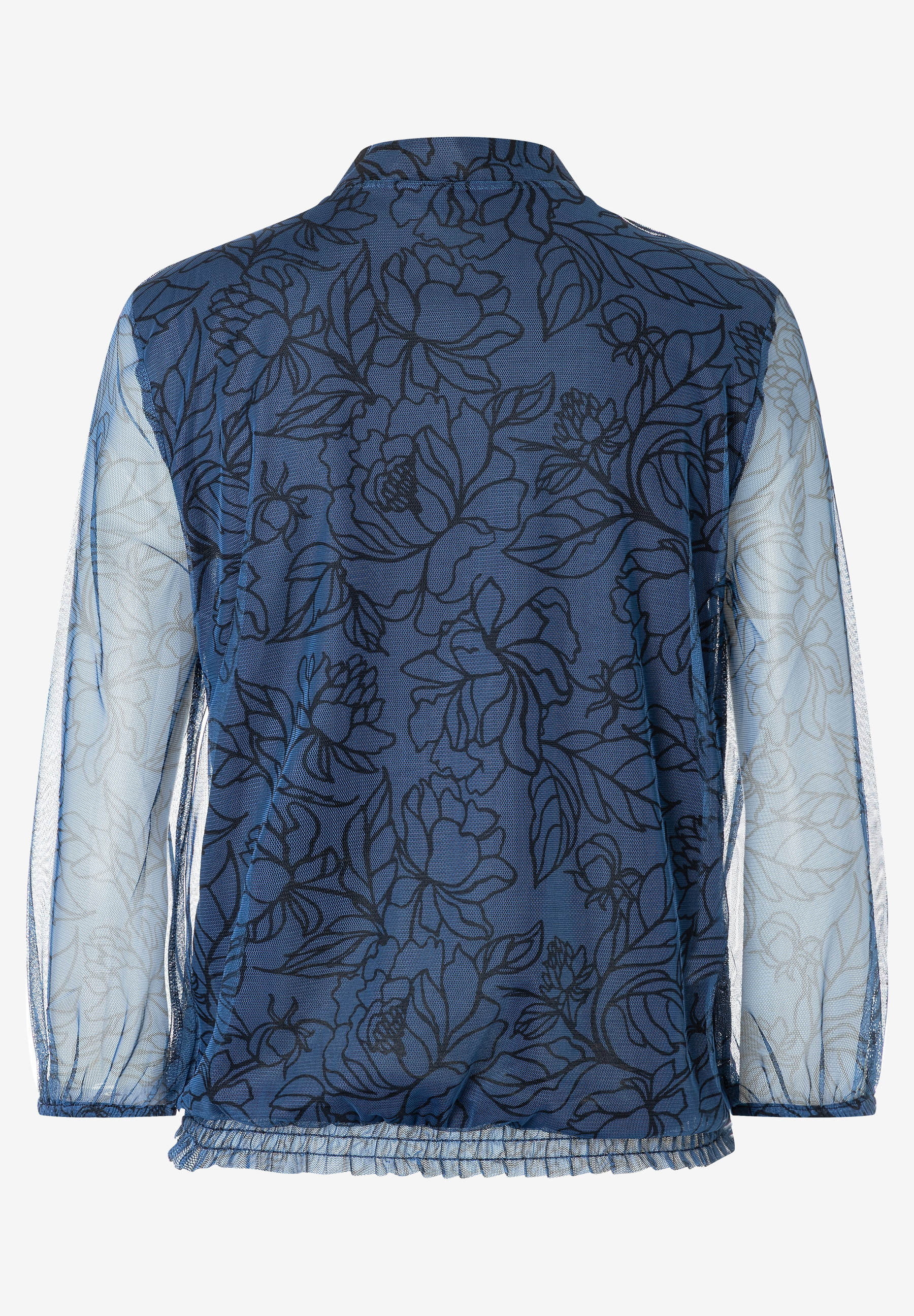 Ein blaues MORE & MORE Oberteil mit schwarzem Blumenmuster und Mesh-Ärmeln. Ein blaues MORE & MORE Oberteil mit schwarzem Blumenmuster und Mesh-Ärmeln.
