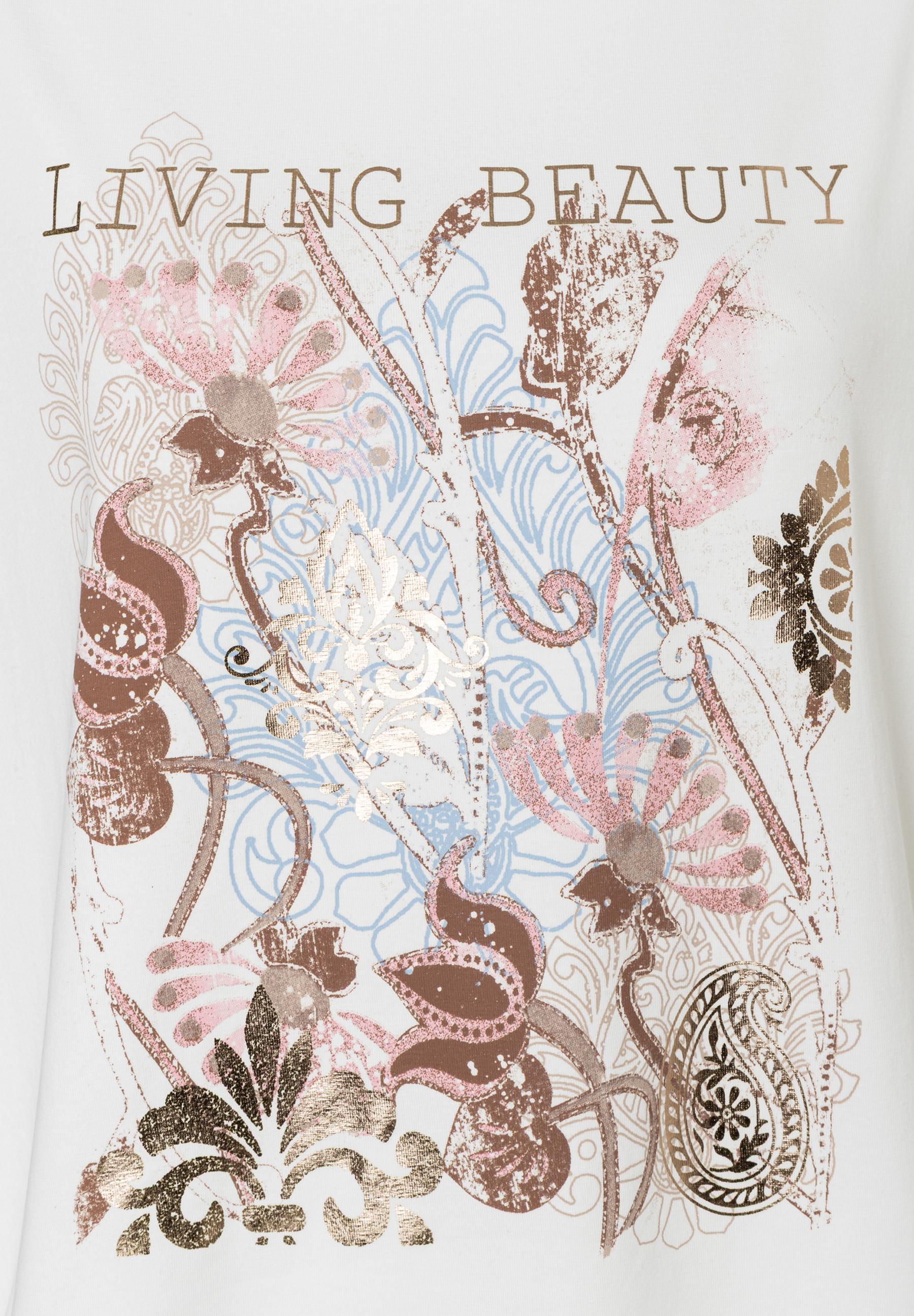 MORE & MORE T-Shirt in Weiß mit goldener "LIVING BEAUTY" Aufschrift und floralem Print in Rosa-, Blau- & Brauntönen. MORE & MORE T-Shirt in Weiß mit goldener "LIVING BEAUTY" Aufschrift und floralem Print in Rosa-, Blau- & Brauntönen.