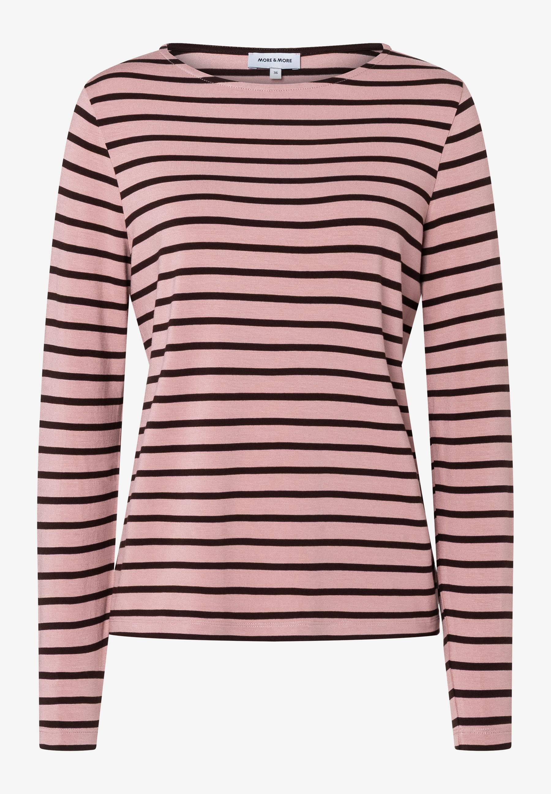 MORE & MORE Langarmshirt, rosa/braun gestreift, mit U-Boot-Ausschnitt, schlichtem Saum & langen Ärmeln auf hellem Hintergrund. MORE & MORE Langarmshirt, rosa/braun gestreift, mit U-Boot-Ausschnitt, schlichtem Saum & langen Ärmeln auf hellem Hintergrund.