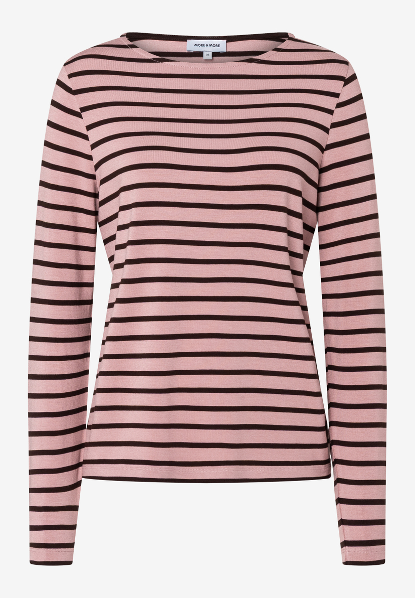 MORE & MORE Langarmshirt, rosa/braun gestreift, mit U-Boot-Ausschnitt, schlichtem Saum & langen Ärmeln auf hellem Hintergrund. MORE & MORE Langarmshirt, rosa/braun gestreift, mit U-Boot-Ausschnitt, schlichtem Saum & langen Ärmeln auf hellem Hintergrund.