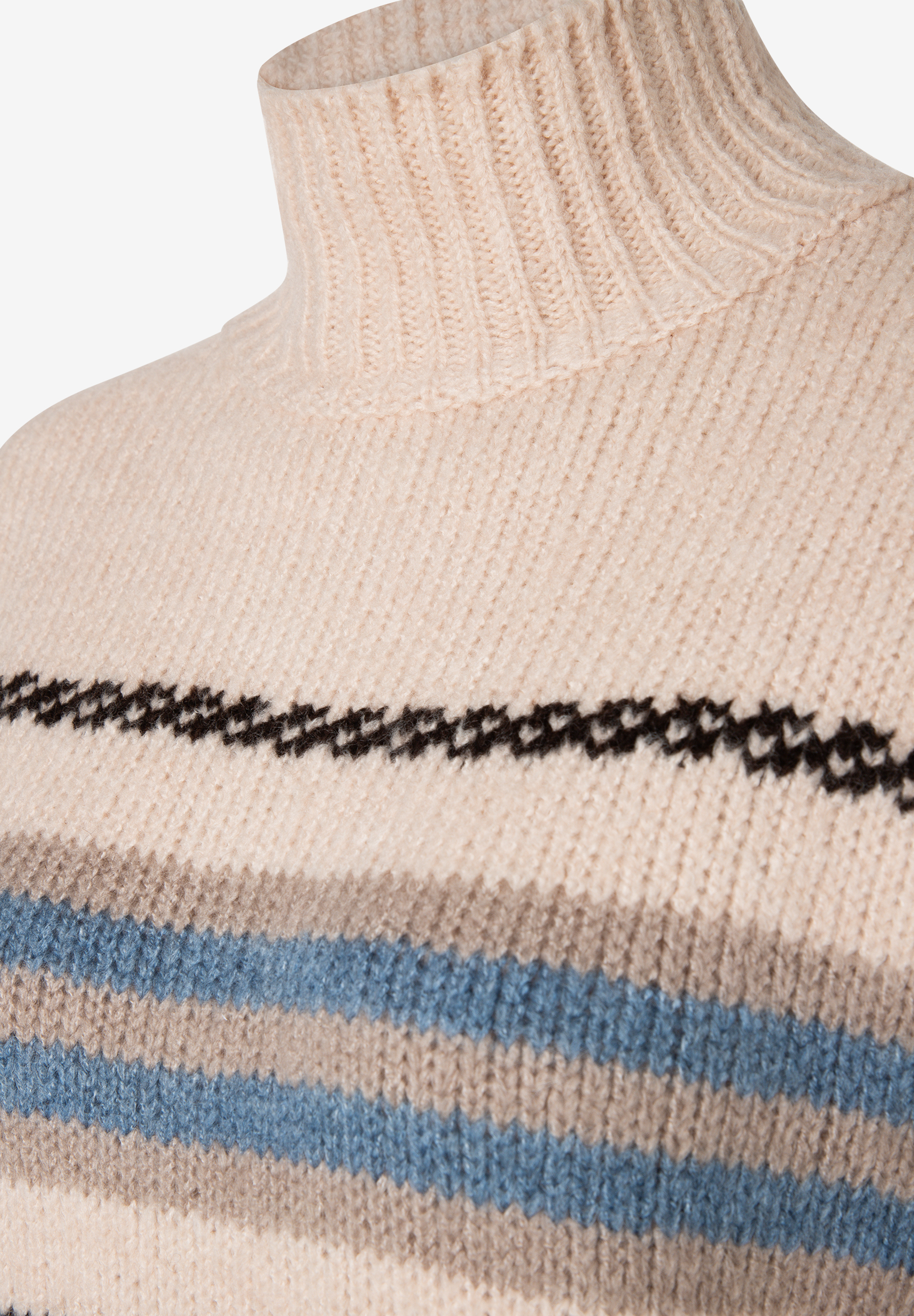 MORE & MORE Pullover: Beiger Strickpullover mit Rollkragen & blauen, schwarzen und beigen Streifen. MORE & MORE Pullover: Beiger Strickpullover mit Rollkragen & blauen, schwarzen und beigen Streifen.