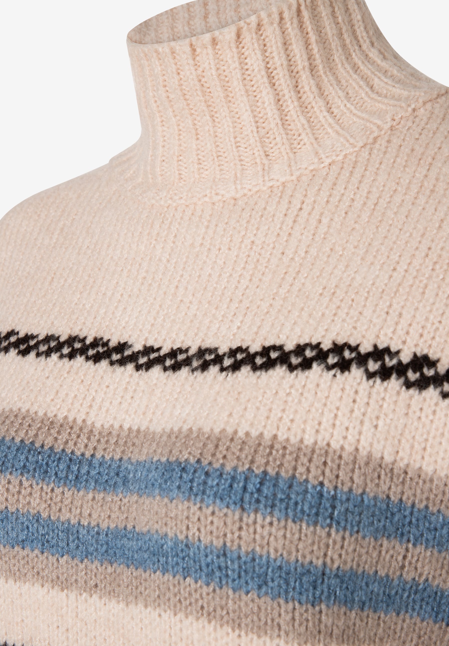 MORE & MORE Pullover: Beiger Strickpullover mit Rollkragen & blauen, schwarzen und beigen Streifen. MORE & MORE Pullover: Beiger Strickpullover mit Rollkragen & blauen, schwarzen und beigen Streifen.