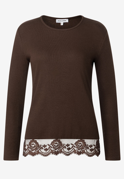 MORE & MORE Ripp-Shirt in Dunkelbraun mit floraler Spitze am Saum, Langarm und Rundhals.