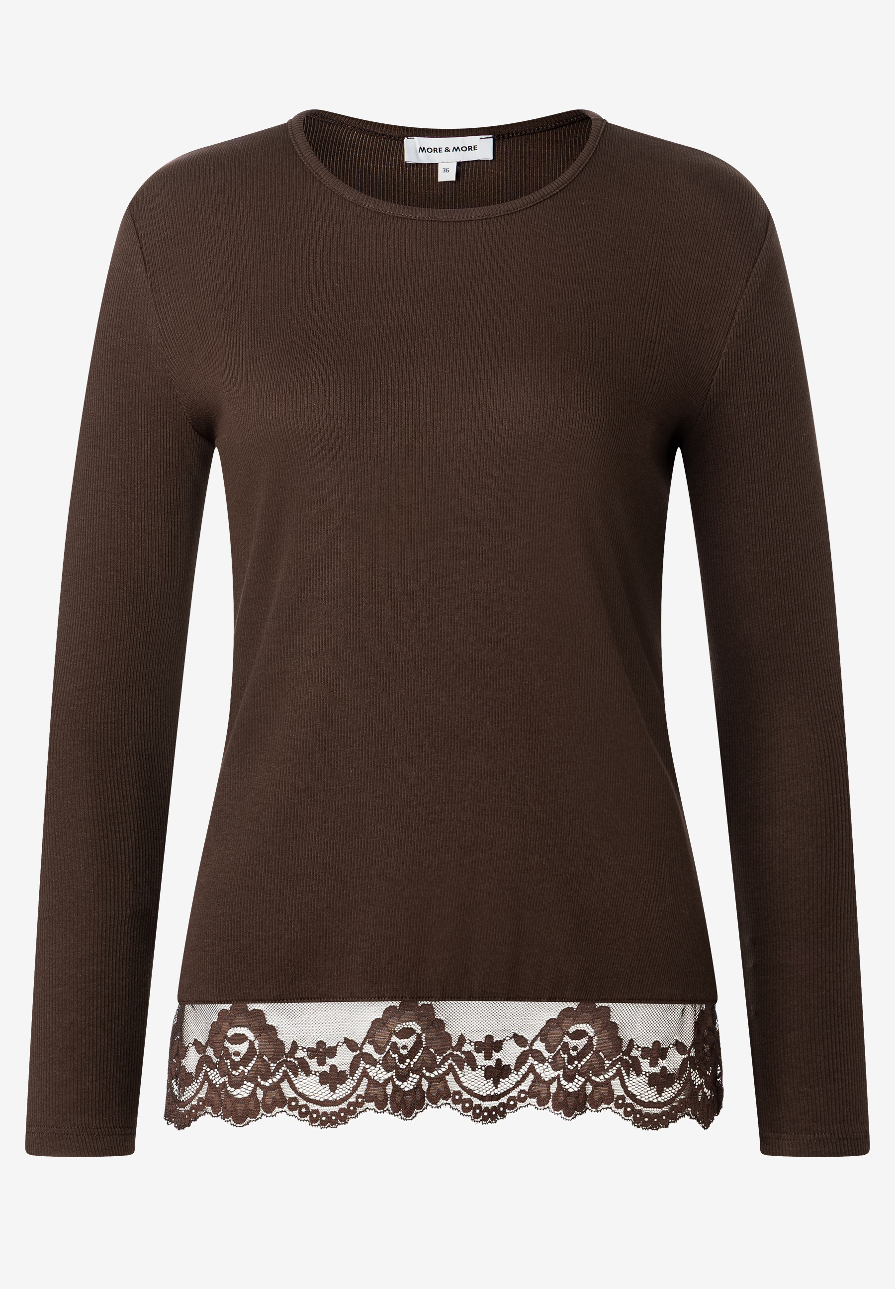 MORE & MORE Ripp-Shirt in Dunkelbraun mit floraler Spitze am Saum, Langarm und Rundhals.