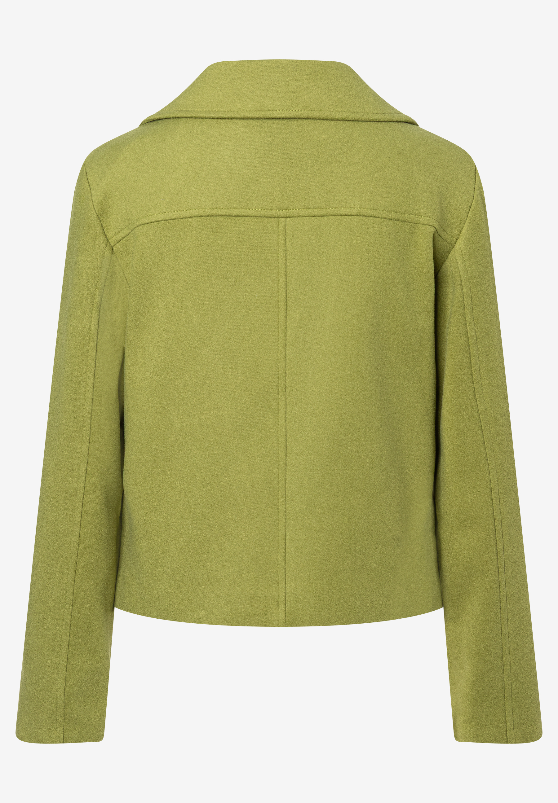 Die Rückansicht einer MORE & MORE Webware-Jacke in Olivgrün mit Kragen und elastischem Material. Die Rückansicht einer MORE & MORE Webware-Jacke in Olivgrün mit Kragen und elastischem Material.