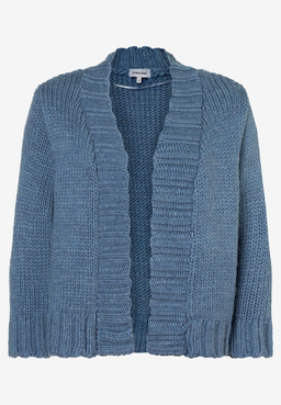 MORE & MORE Oberteil: Blauer, grobgestrickter Cardigan mit offenem Saum und Kragen. Gerippte Ärmel und Rückseite.