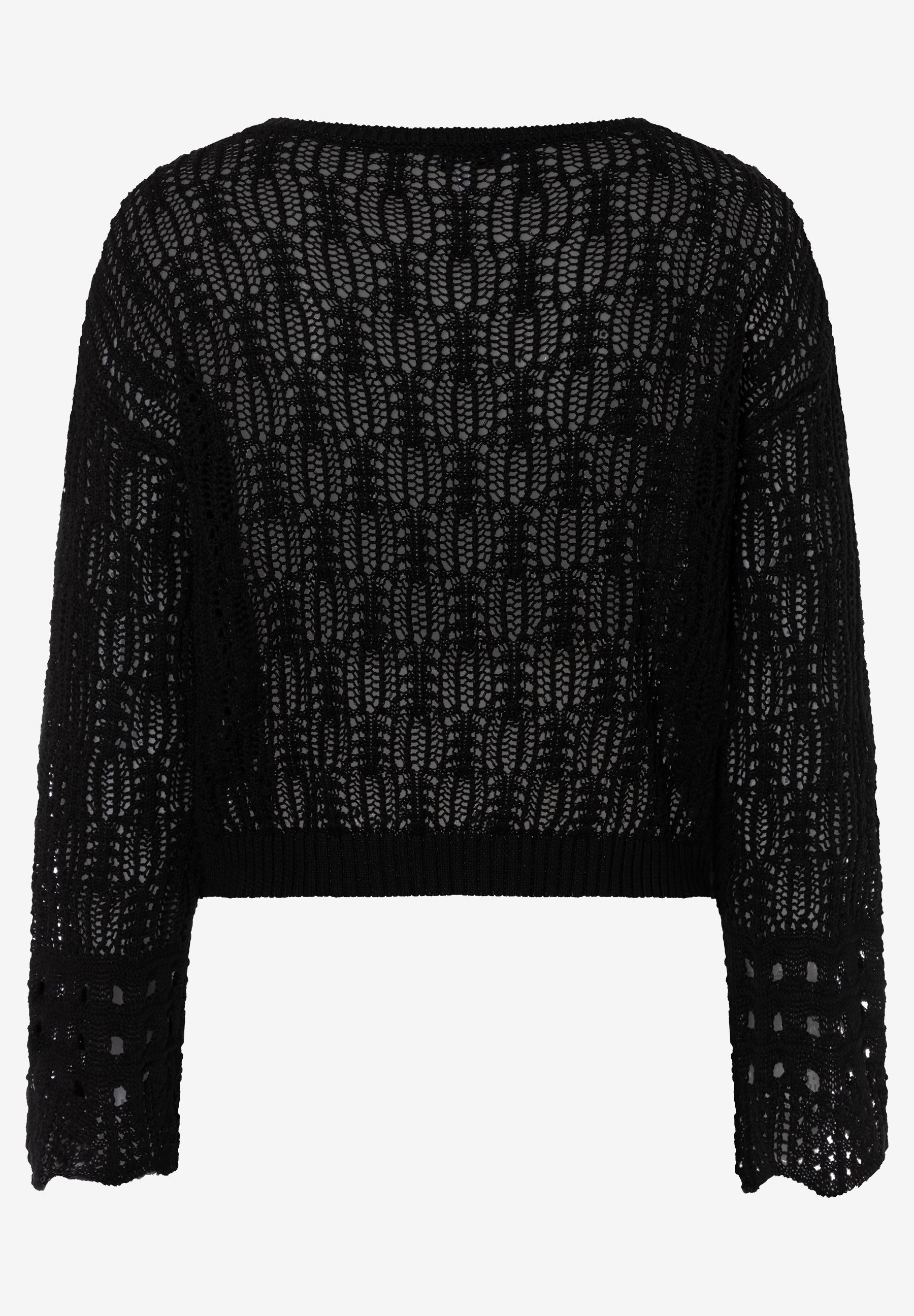 MORE & MORE Pullover: Schwarzes transparentes Lochstrick-Oberteil, 3/4 Ärmel und gerippte Bündchen. Angenehmer Tragekomfort. MORE & MORE Pullover: Schwarzes transparentes Lochstrick-Oberteil, 3/4 Ärmel und gerippte Bündchen. Angenehmer Tragekomfort.
