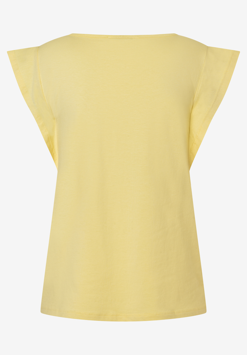 MORE & MORE gelbes Jersey-Top. Blick von hinten auf das einfarbige gelbe Oberteil. Es ist ärmellos und hat eine glatte Textur. MORE & MORE gelbes Jersey-Top. Blick von hinten auf das einfarbige gelbe Oberteil. Es ist ärmellos und hat eine glatte Textur.