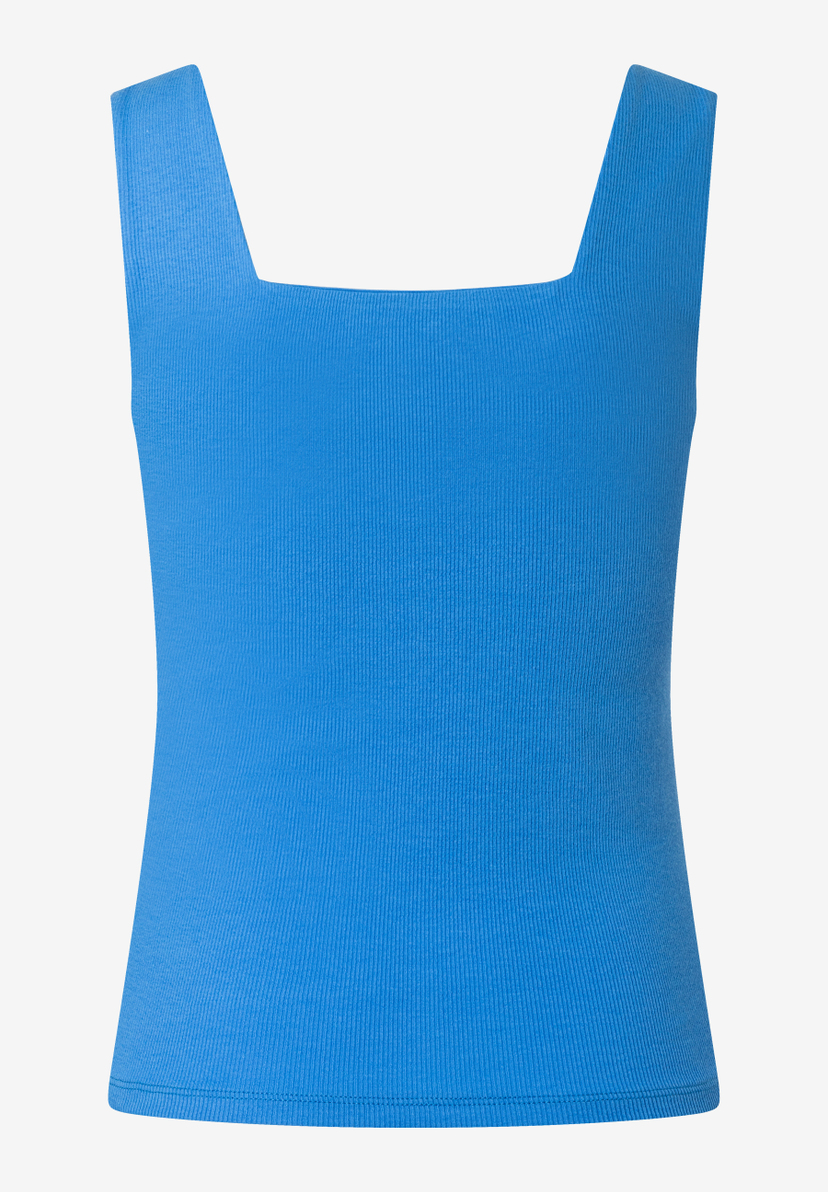 Ein blaues MORE & MORE Top mit breiten Trägern und einem geraden Ausschnitt. Ein blaues MORE & MORE Top mit breiten Trägern und einem geraden Ausschnitt.
