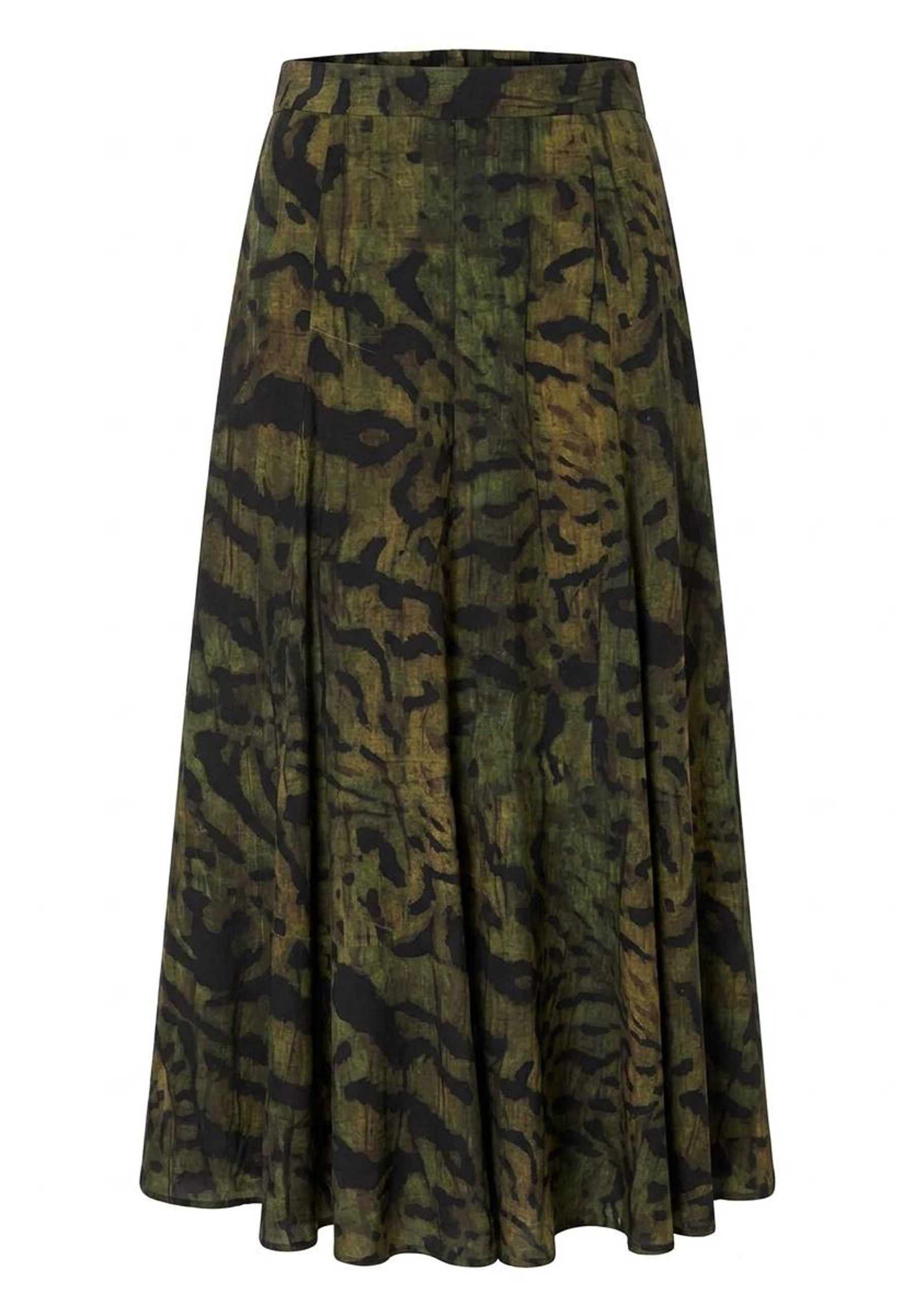 MORE & MORE Maxirock mit modernem Military-Muster in Khaki und Schwarz. Das Design umfasst Falten im Bundbereich.