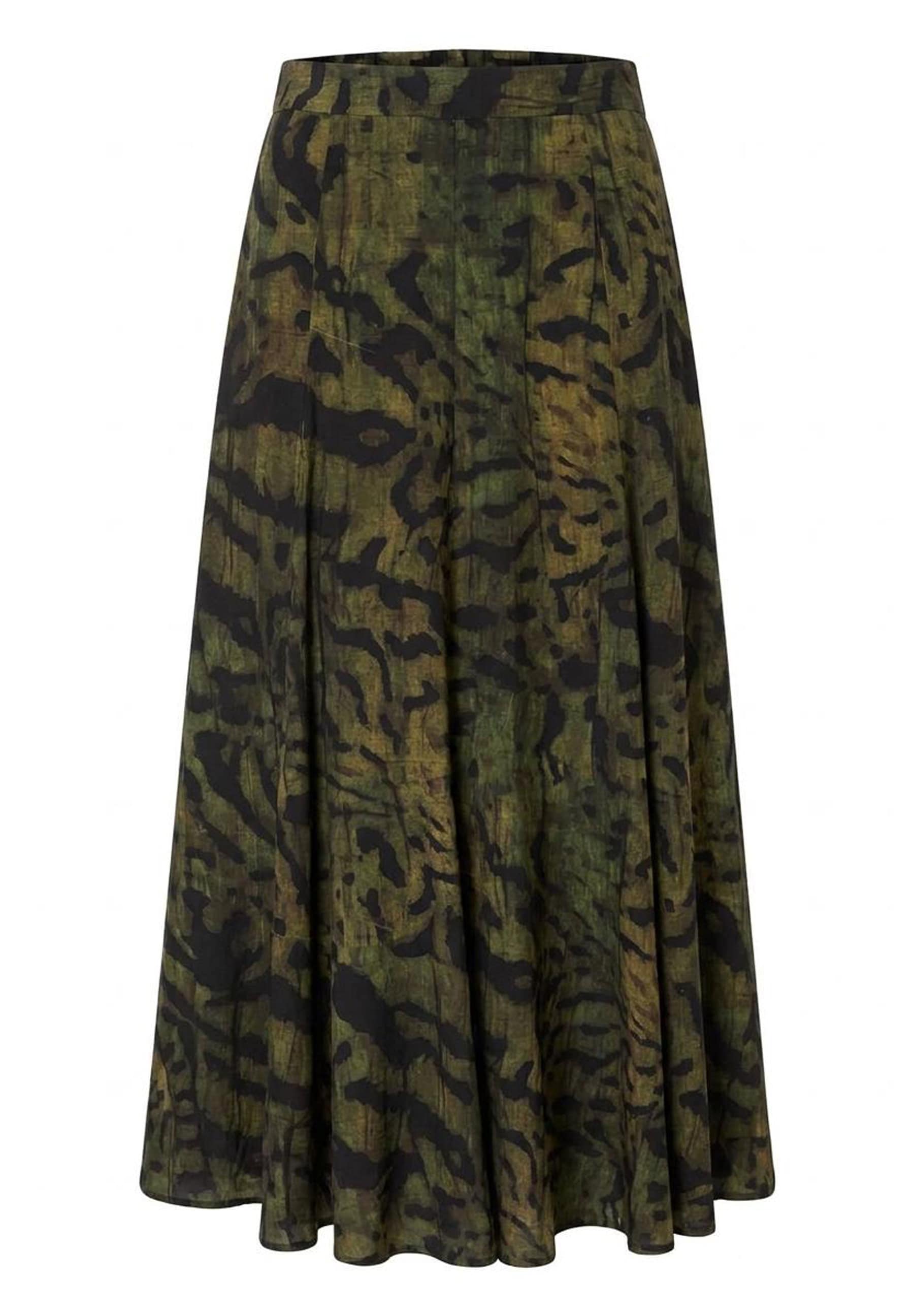 MORE & MORE Maxirock mit modernem Military-Muster in Khaki und Schwarz. Das Design umfasst Falten im Bundbereich. MORE & MORE Maxirock mit modernem Military-Muster in Khaki und Schwarz. Das Design umfasst Falten im Bundbereich.