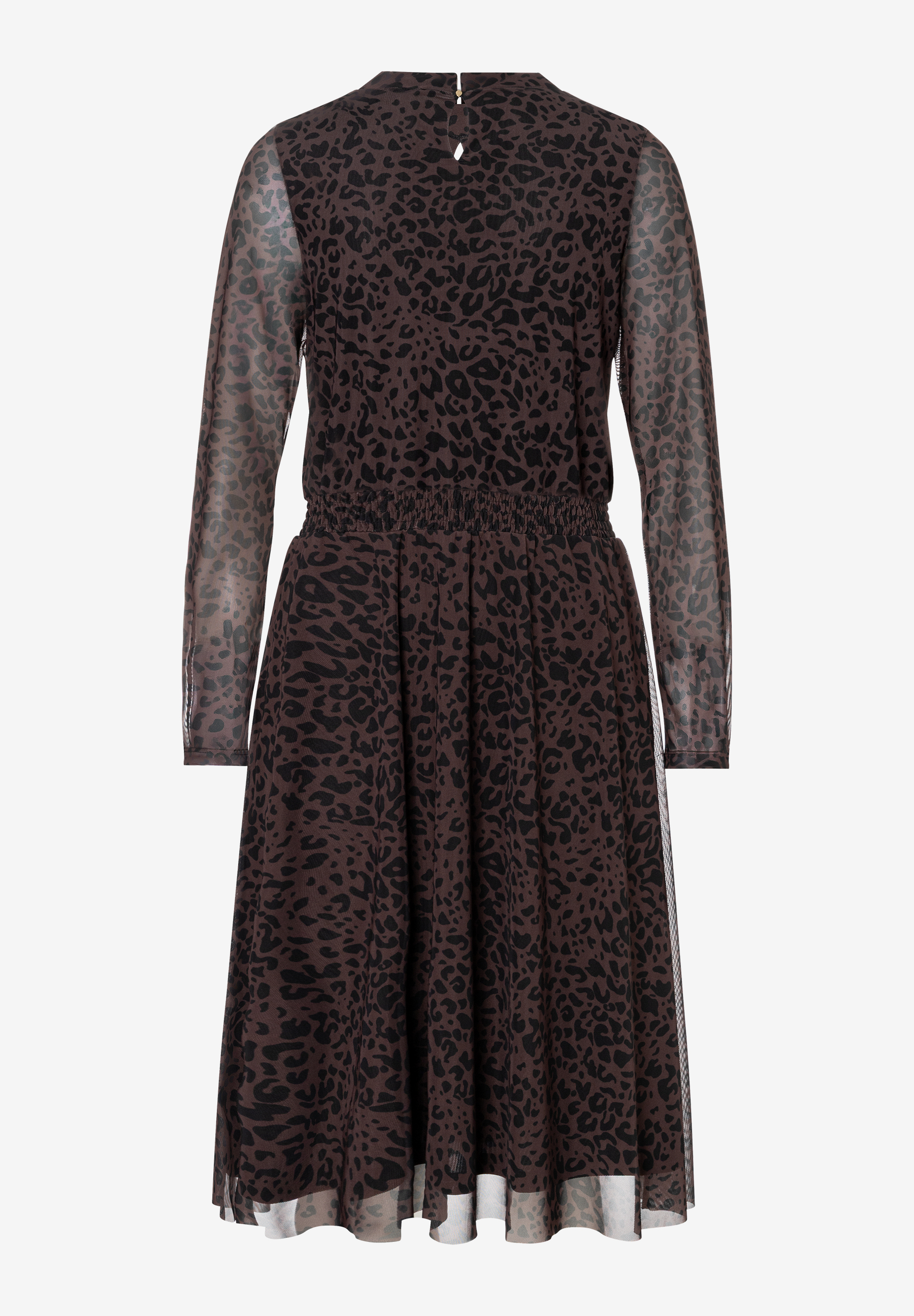 MORE & MORE Damen-Kleid mit Leo-Muster, Mesh-Ärmeln und Gummizug an der Taille, Rückseite. Elegantes, vielseitiges Design. MORE & MORE Damen-Kleid mit Leo-Muster, Mesh-Ärmeln und Gummizug an der Taille, Rückseite. Elegantes, vielseitiges Design.
