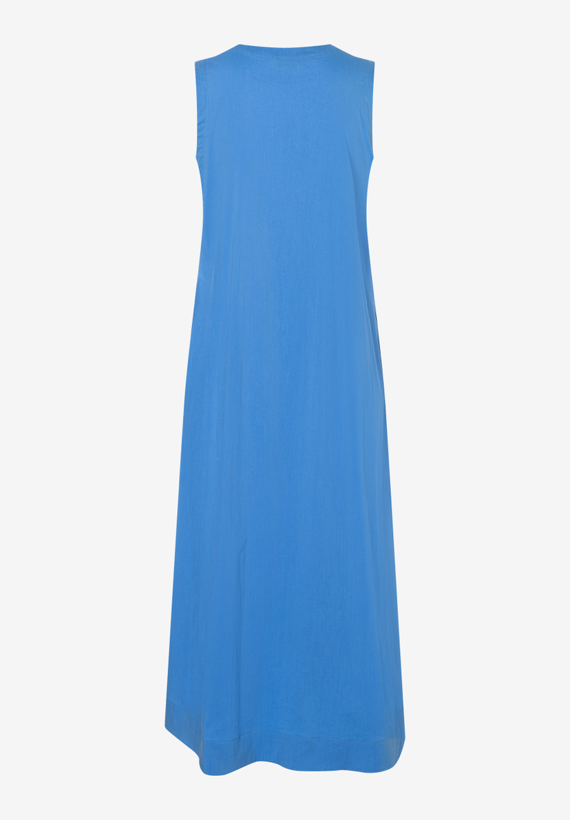 MORE & MORE blaues Webware-Maxikleid, ärmellos und leicht, mit Rundhalsausschnitt für angenehmen Tragekomfort. MORE & MORE blaues Webware-Maxikleid, ärmellos und leicht, mit Rundhalsausschnitt für angenehmen Tragekomfort.