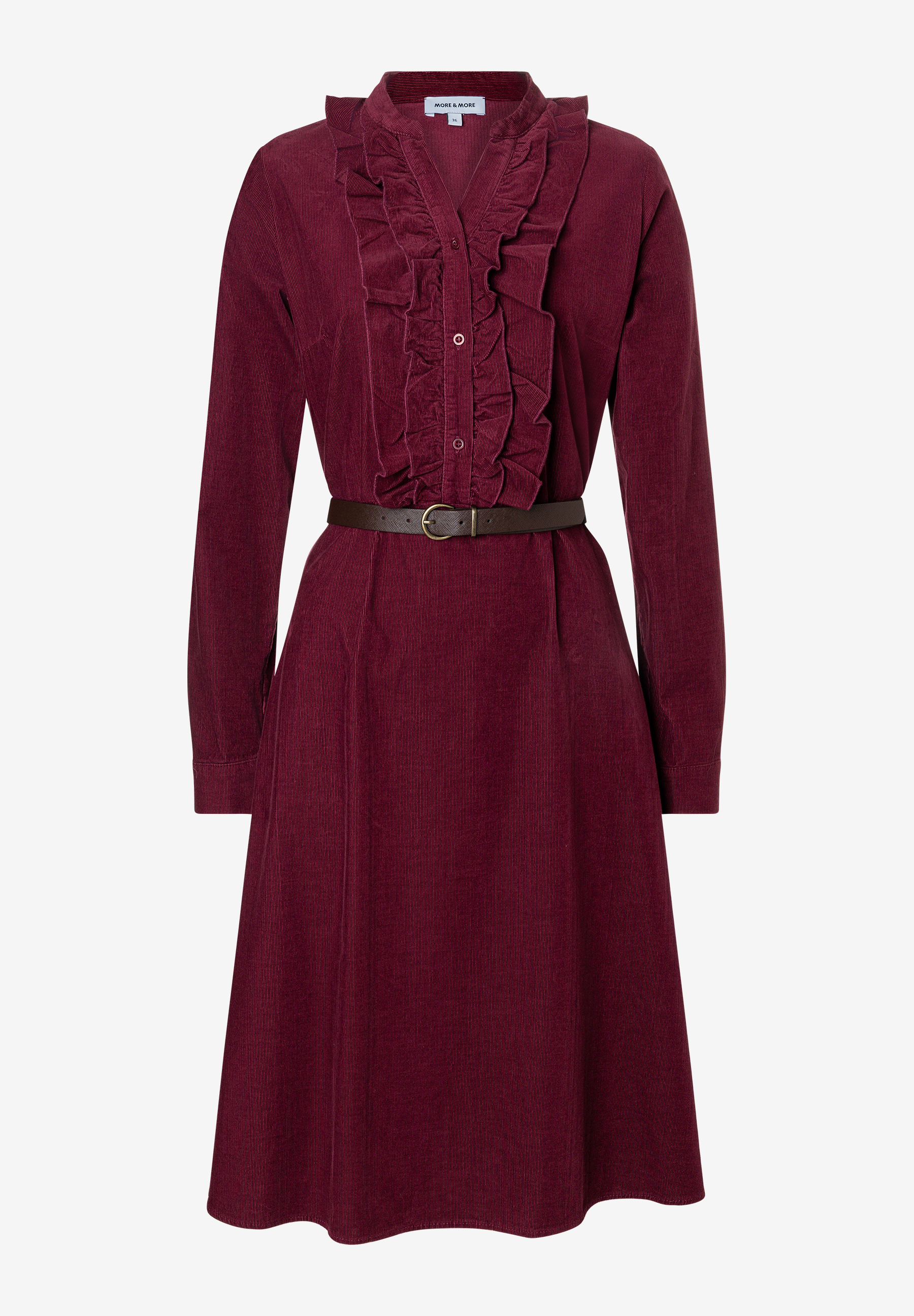 MORE & MORE Damen-Cordkleid in Weinrot mit Rüschen und Gürtel. Langärmeliges MORE & MORE Kleid.
