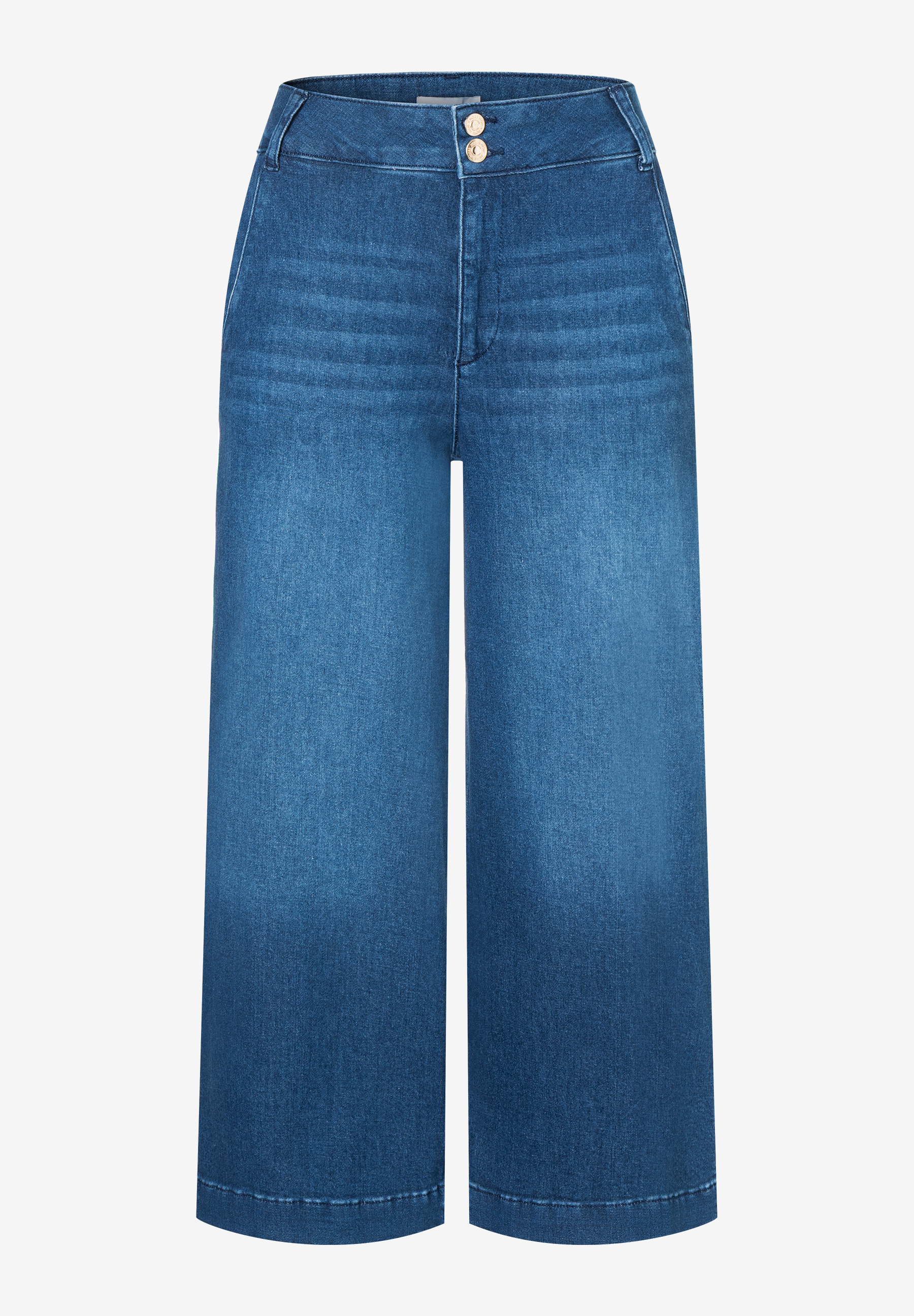 Eine blaue MORE & MORE Jeanshose mit weitem Bein aus Denim ist abgebildet. Eine blaue MORE & MORE Jeanshose mit weitem Bein aus Denim ist abgebildet.